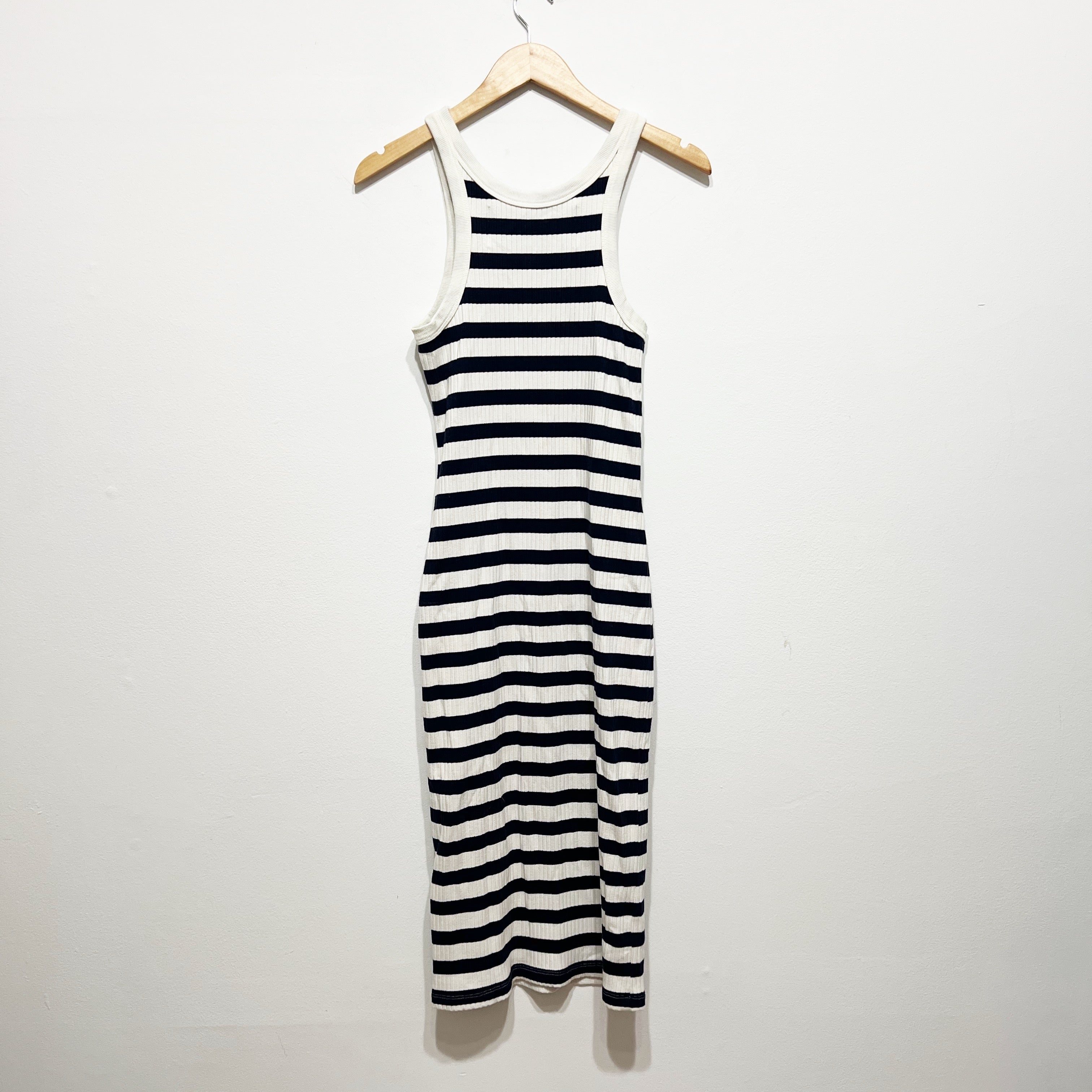 Mother Move It The Chin Ups Midi Dress Scoop Neck Blue White Stripe Ribbed Small