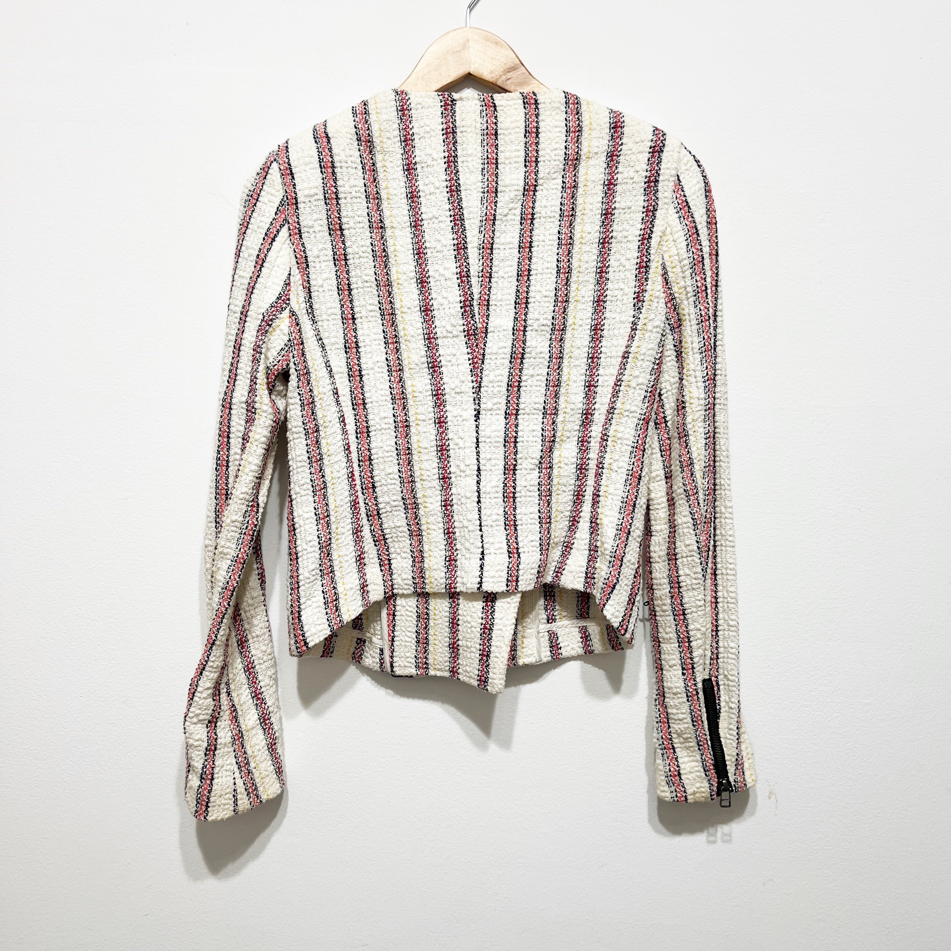 Veronica Beard Mara Stripe Tweed Boucle Woven Cotton Linen Moto Jacket 4