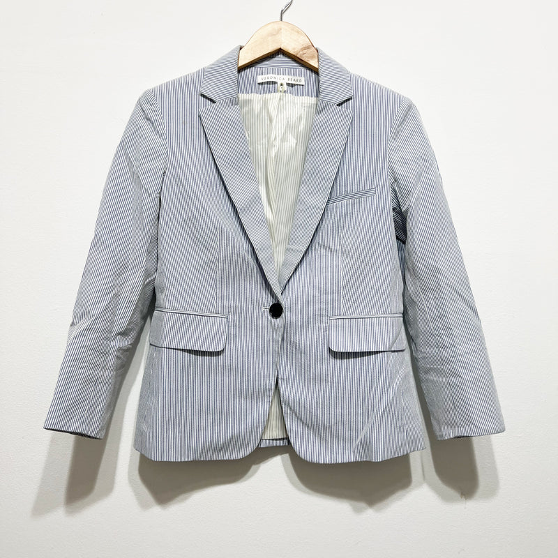 Veronica Beard Cotton Seersucker Blue White Pinstripe One Button Blazer 6