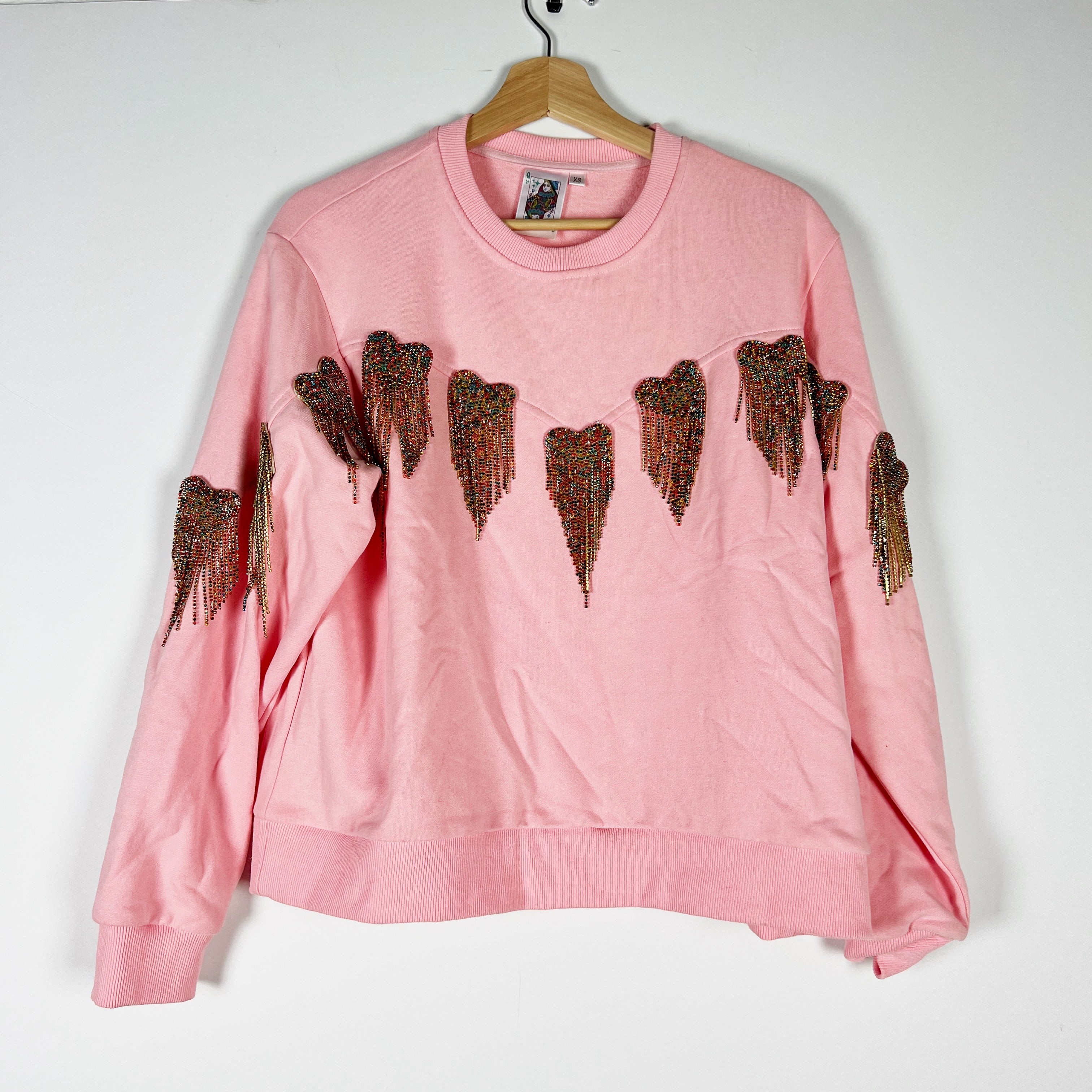 Queen Of Sparkles Crystal Jewel Rhinestone Fringe Heart Embellished Sweatshirt