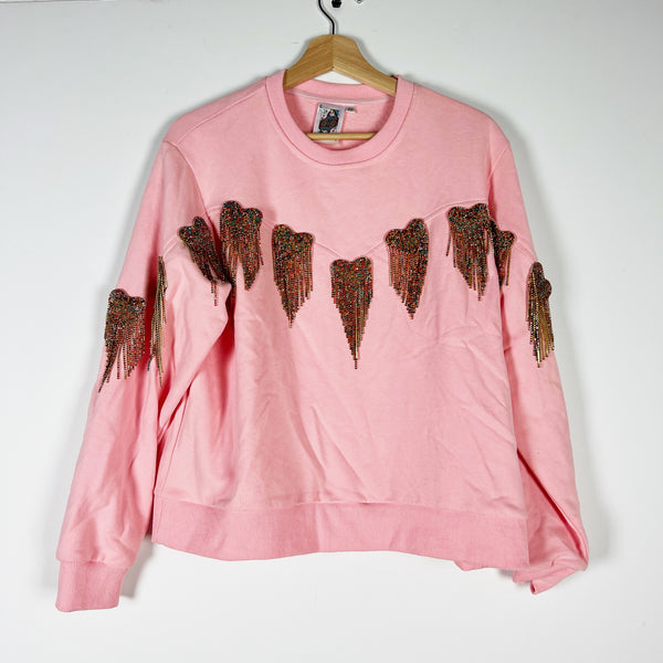 Queen Of Sparkles Crystal Jewel Rhinestone Fringe Heart Embellished Sweatshirt