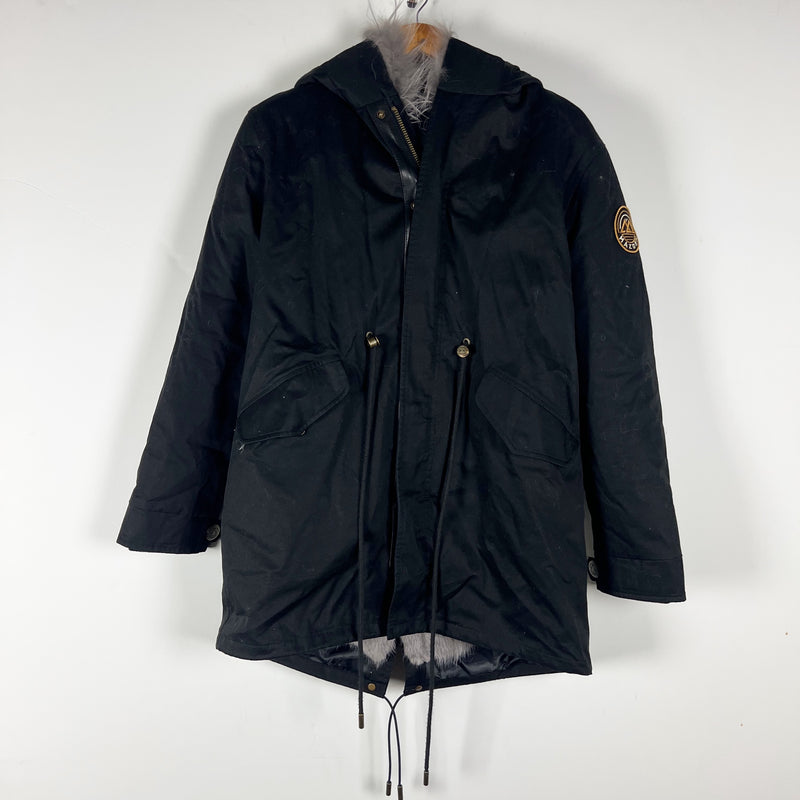 Mazden Paxton Storm Mink Fur Down Full Zip Hooded Parka Coat Jacket Black Gray S