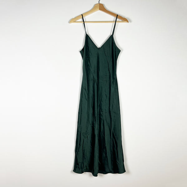 Quince 100% Washable Silk Satin V Neck Slip Midi Bias Cut Dress Forest Green XS
