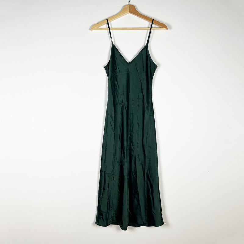 Quince 100% Washable Silk Satin V Neck Slip Midi Bias Cut Dress Forest Green XS