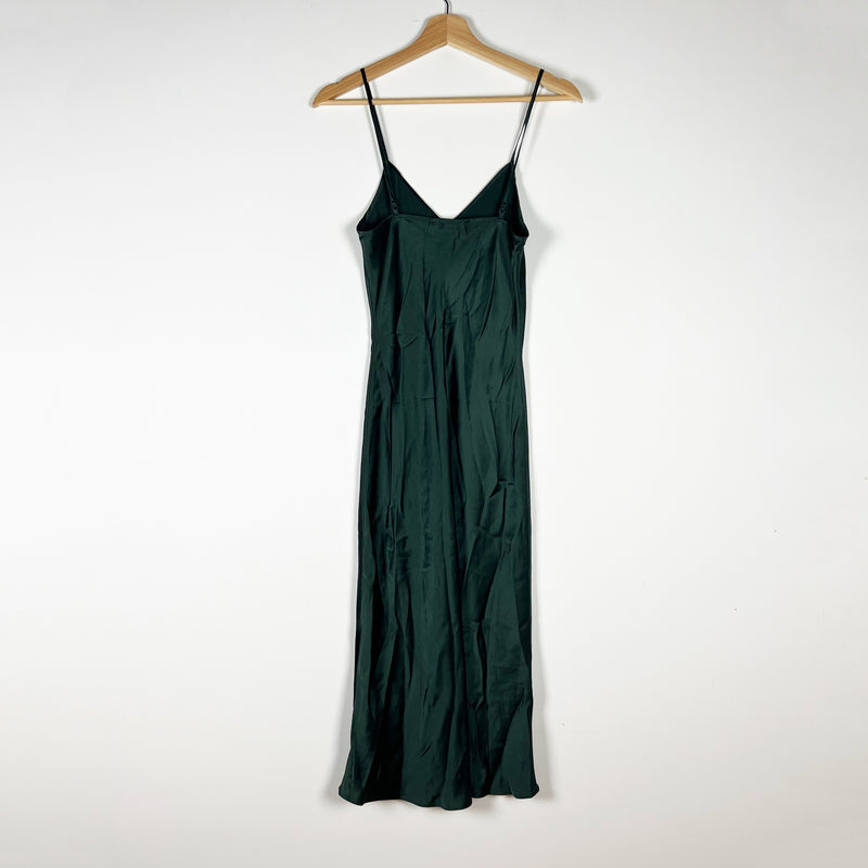 Quince 100% Washable Silk Satin V Neck Slip Midi Bias Cut Dress Forest Green XS