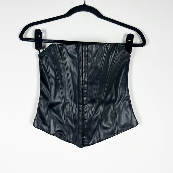 Zara Faux Vegan Leather Boning Closure Front Strapless Corset Top Black XS