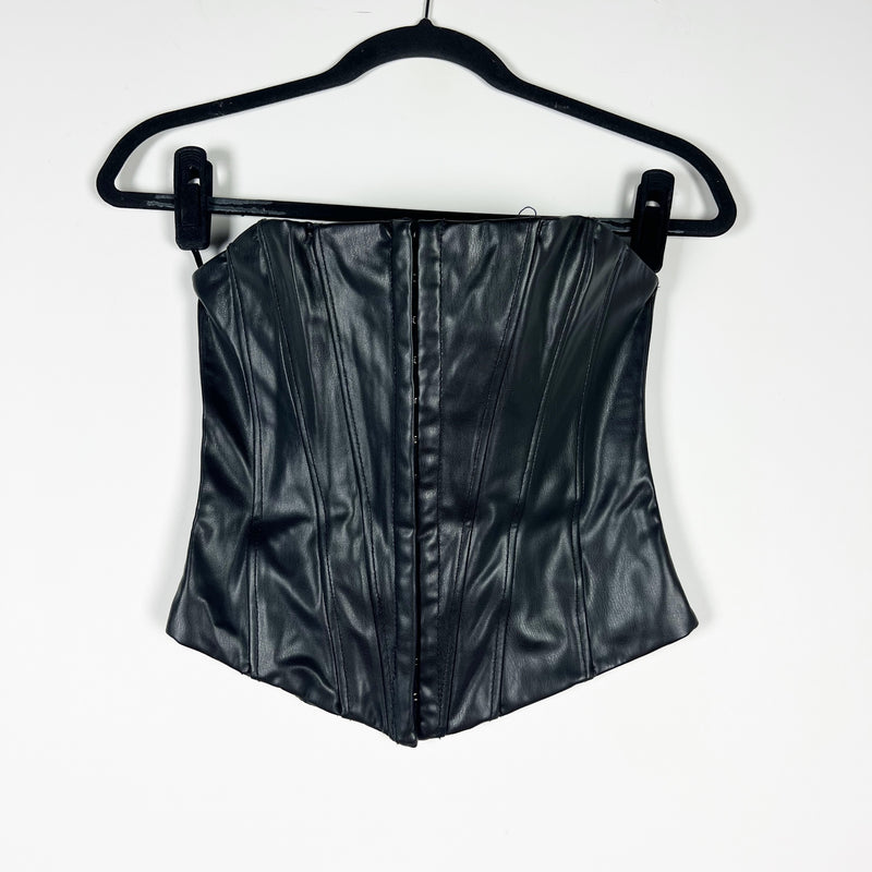 Zara Faux Vegan Leather Boning Closure Front Strapless Corset Top Black XS