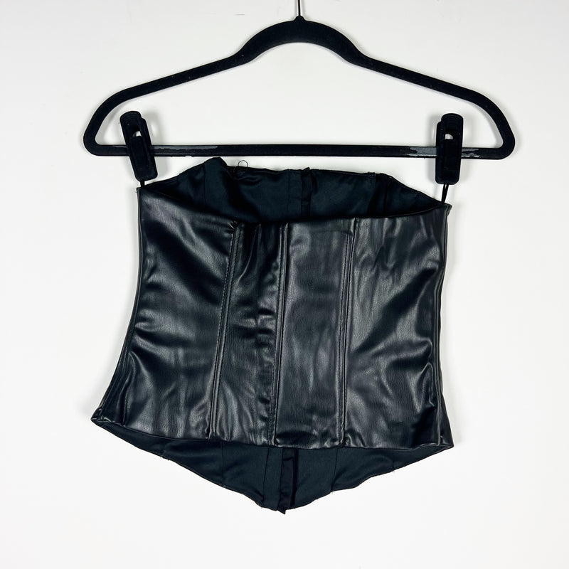 Zara Faux Vegan Leather Boning Closure Front Strapless Corset Top Black XS