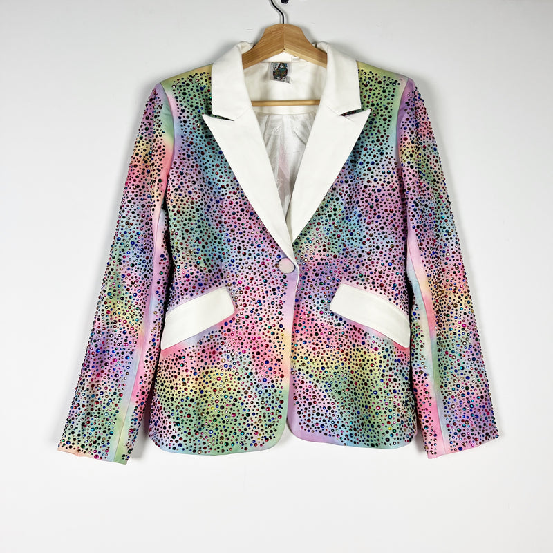Queen Of Sparkles Multi Rainbow Tie Dye Rhinestone Diamond Jewel Blazer Jacket
