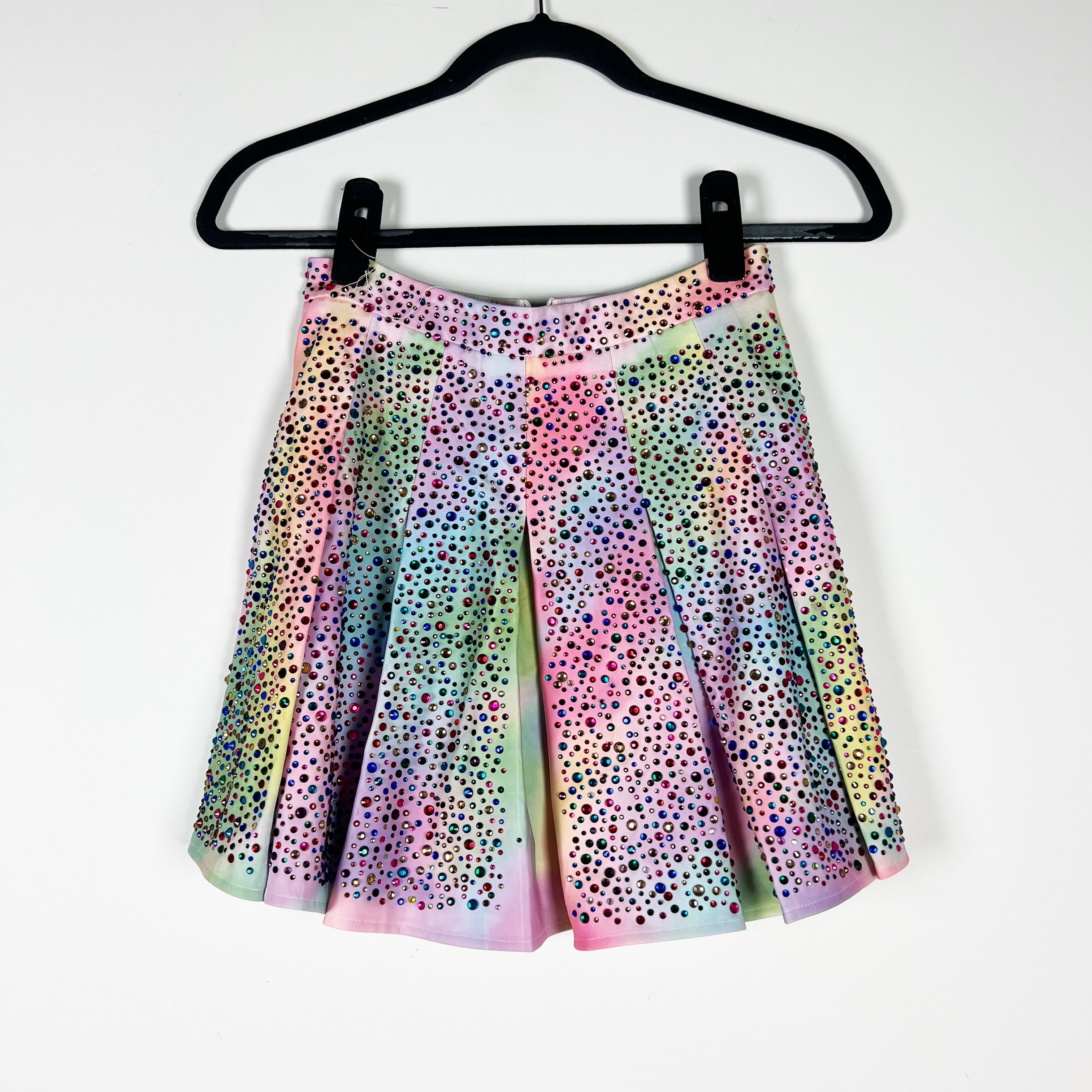 Queen Of Sparkles Multi Rainbow Tie Dye Rhinestone Diamond Jewel Pleated Skirt