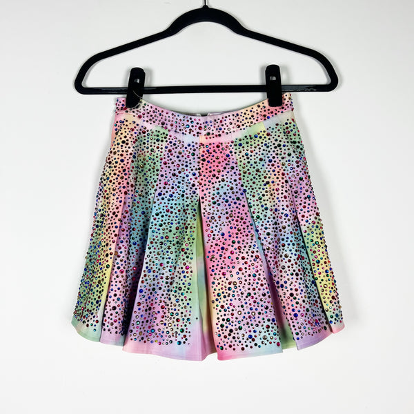 Queen Of Sparkles Multi Rainbow Tie Dye Rhinestone Diamond Jewel Pleated Skirt