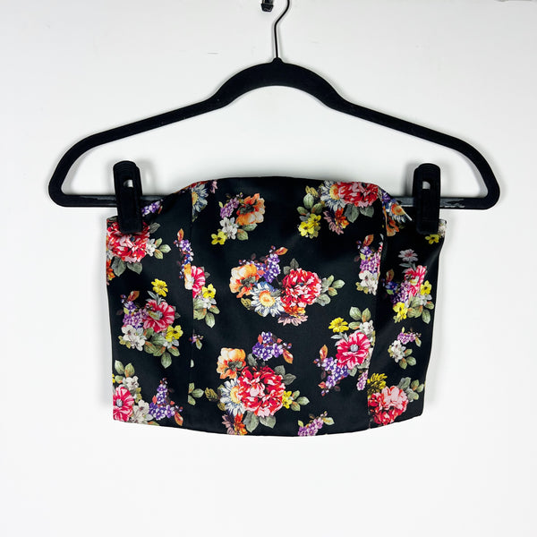 Alice + Olivia Ceresi Smocked Back Strapless Satin Floral Flower Crop Top 2