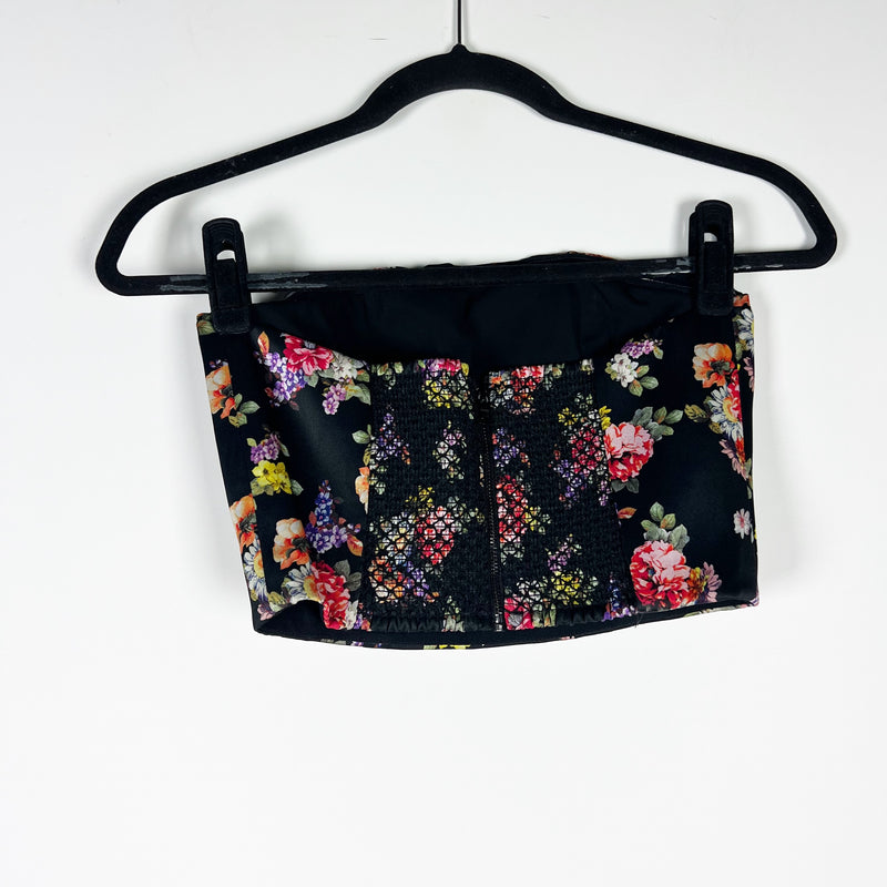 Alice + Olivia Ceresi Smocked Back Strapless Satin Floral Flower Crop Top 2