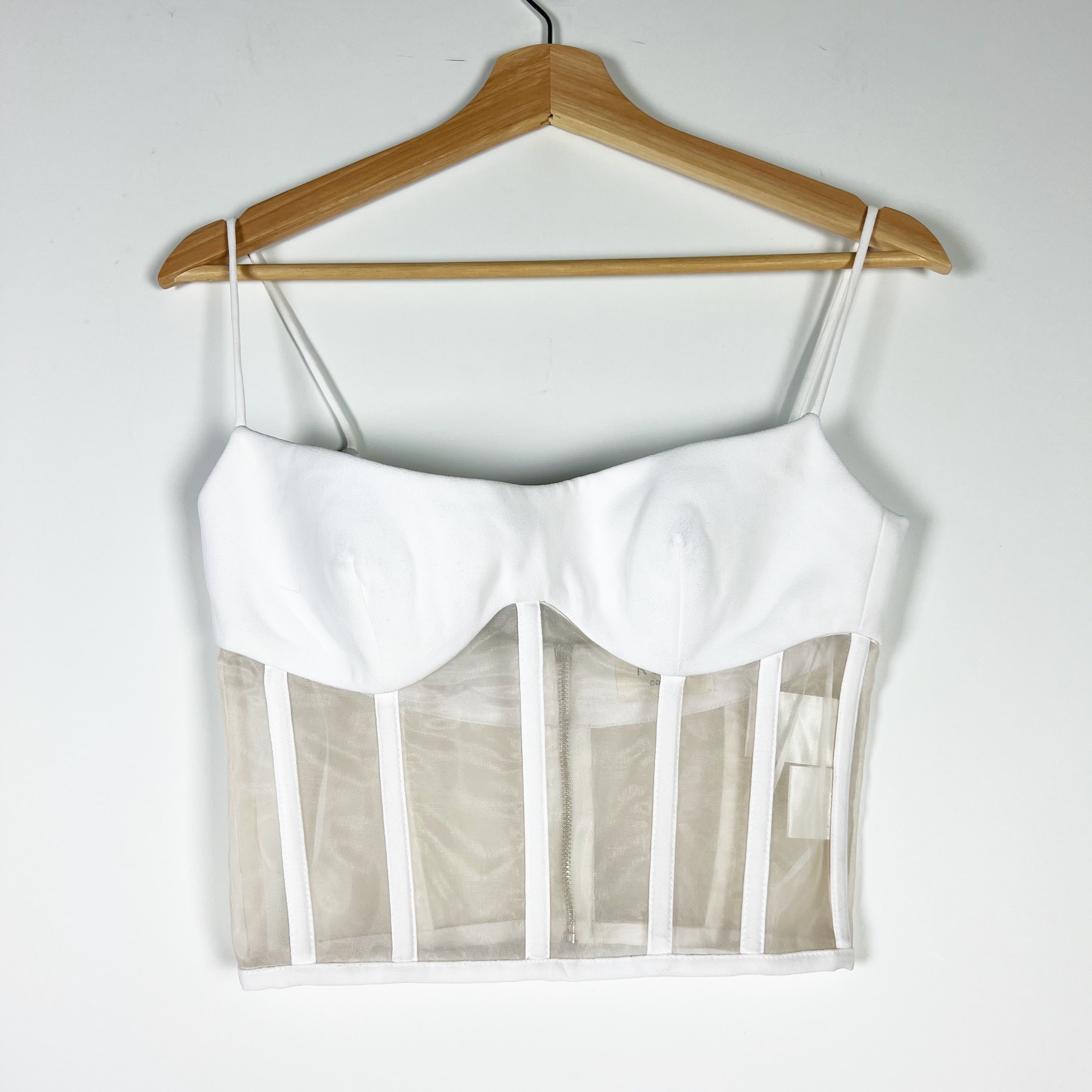 Rozie Crepe Semi Sheer Mesh Ribbed Boned Corset Camisole Tank Top White Small