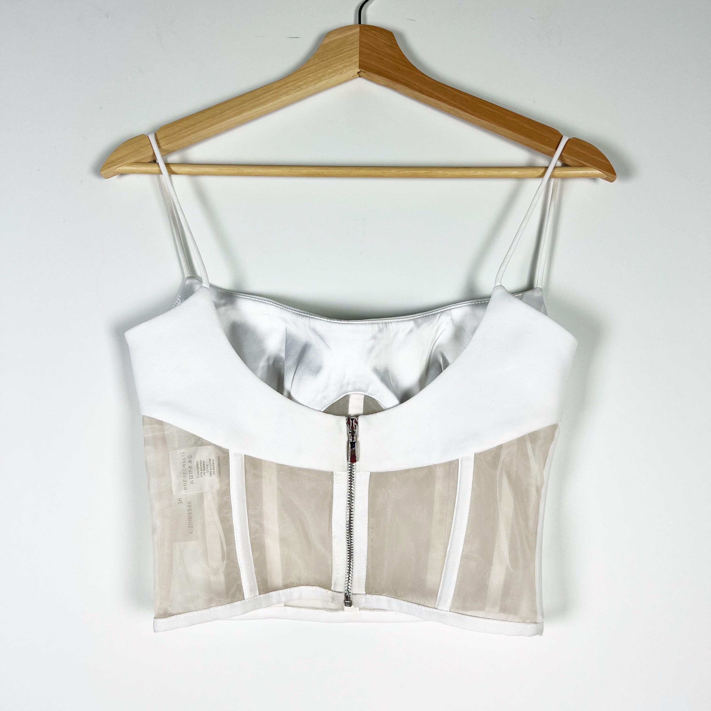 Rozie Crepe Semi Sheer Mesh Ribbed Boned Corset Camisole Tank Top White Small