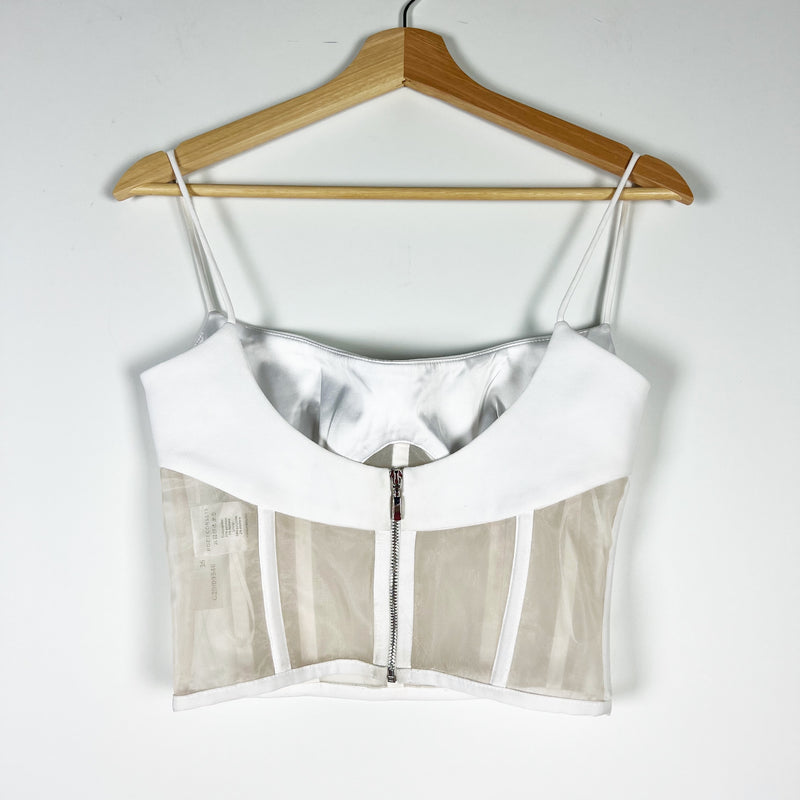 Rozie Crepe Semi Sheer Mesh Ribbed Boned Corset Camisole Tank Top White Small