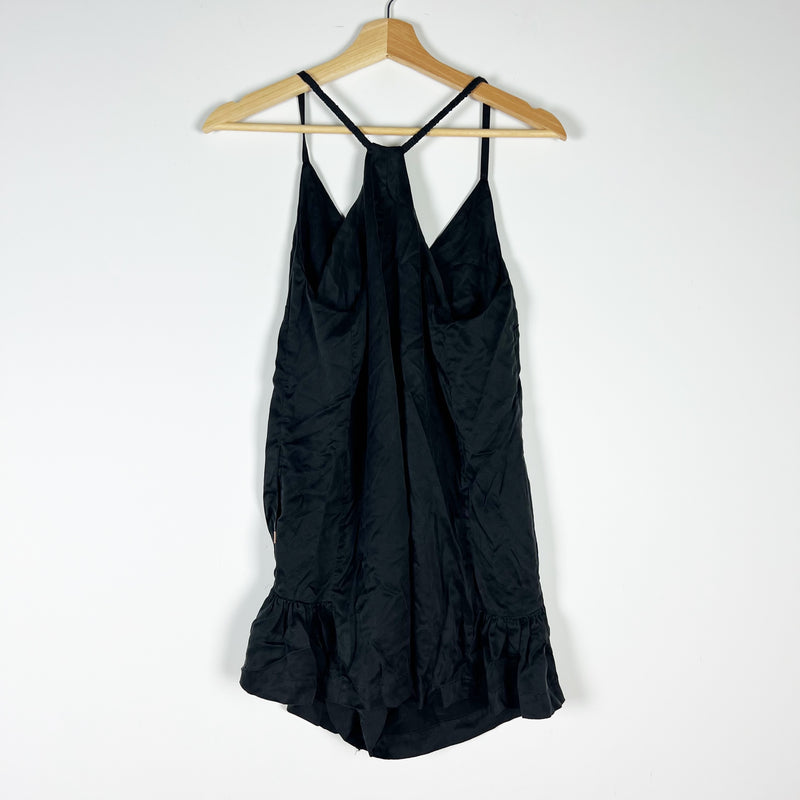 Lunya Washable Silk V Neck Ruffle Details Mini Romper Pajama Sleep Lounge Black