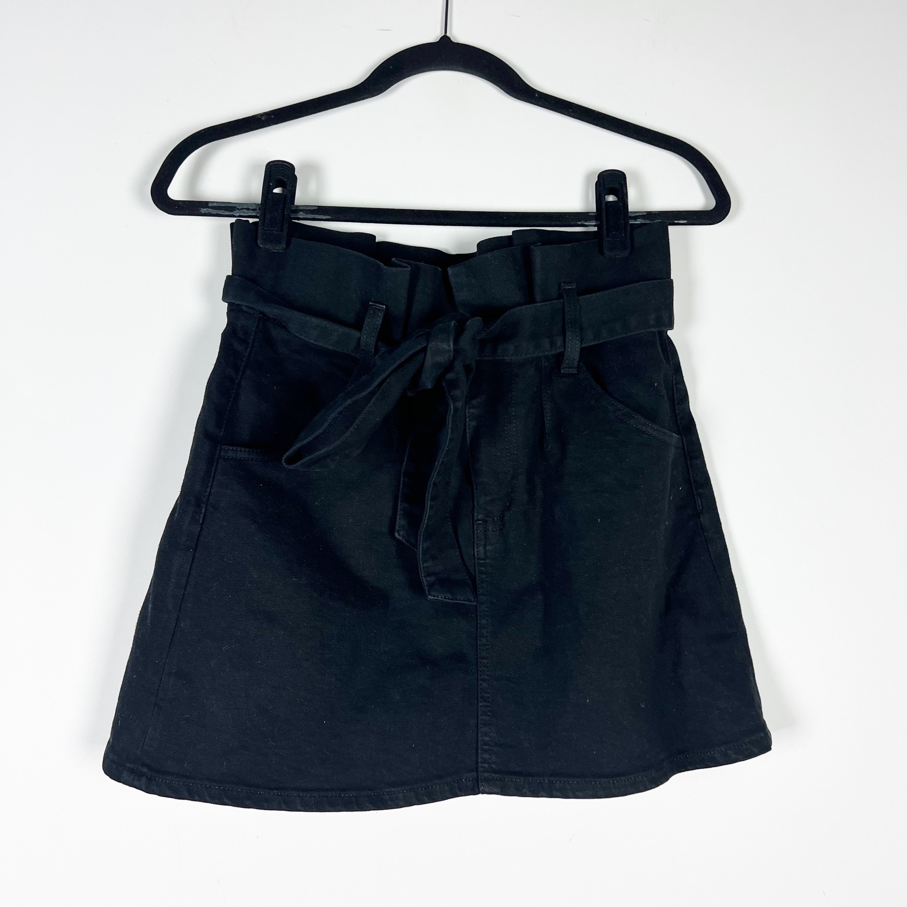 Alice + Olivia Jeans Cotton Stretch Paperboy Waist Belted Mini Denim Skirt Black