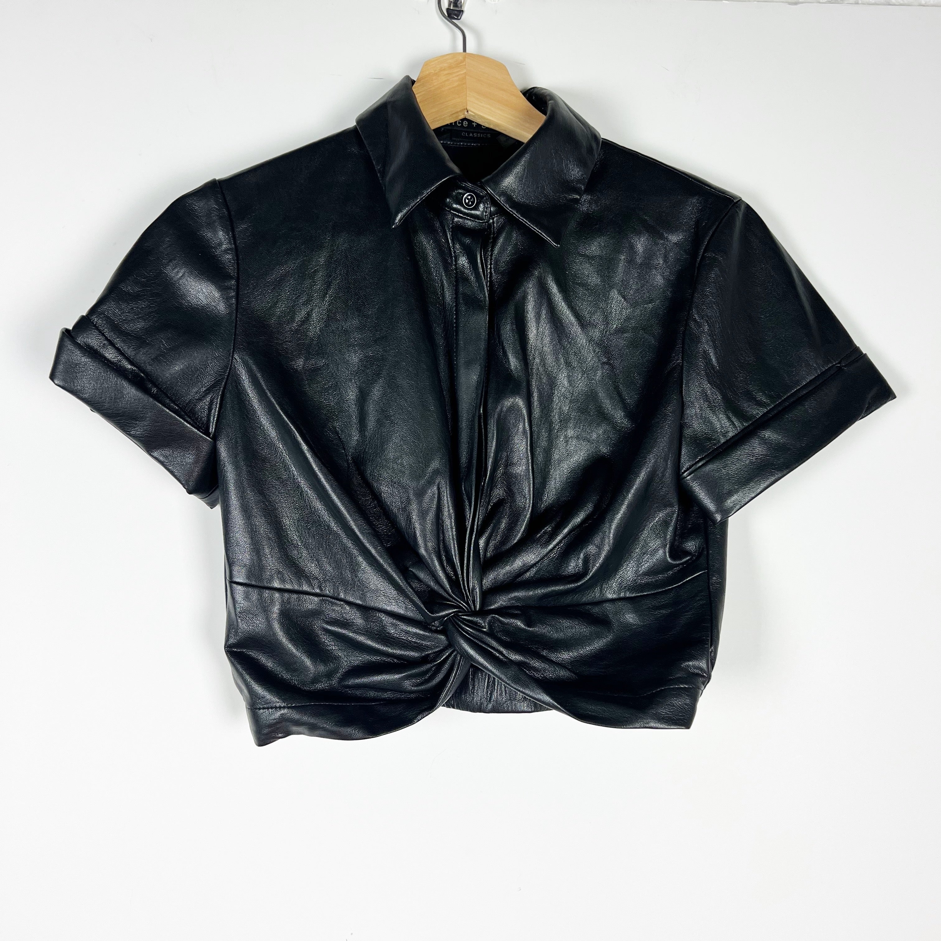 Alice And Olivia Phebe Vegan Faux Leather Twist Knot Front Short Sleeve Top XS
