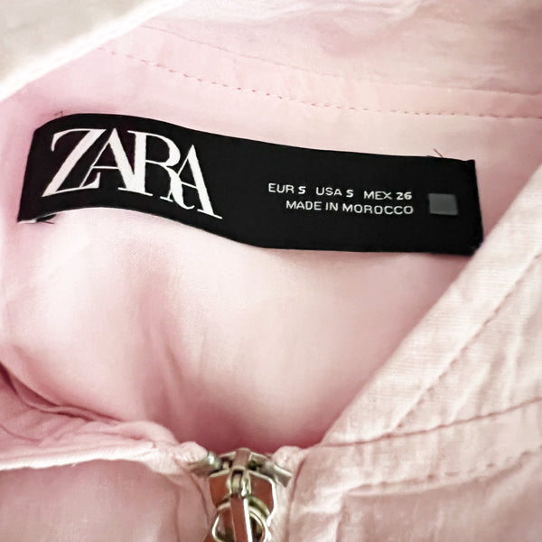 Zara Linen Stretch Blend Full Zip Collarless Cropped Lightweight Jacket Pink S