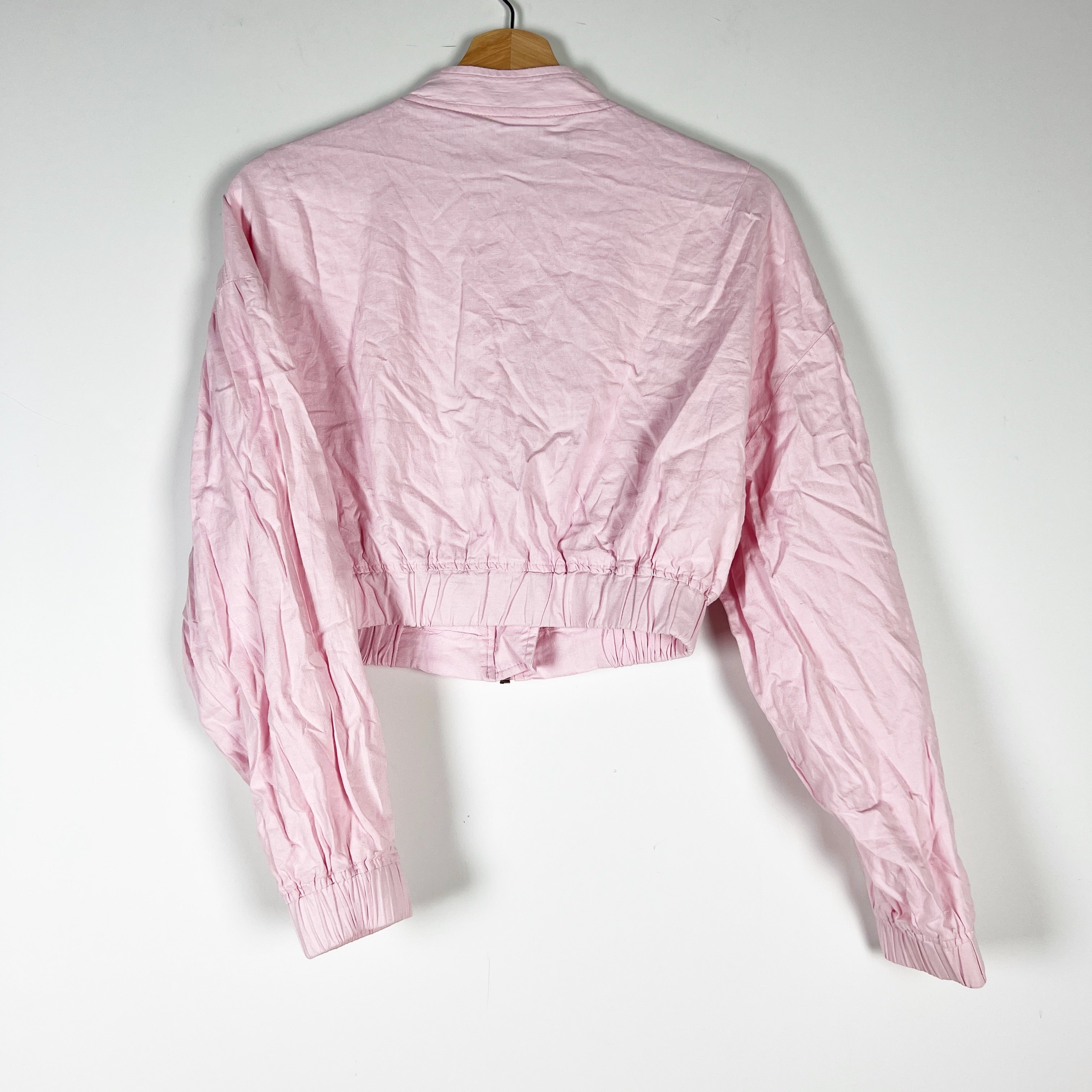 Zara Linen Stretch Blend Full Zip Collarless Cropped Lightweight Jacket Pink S