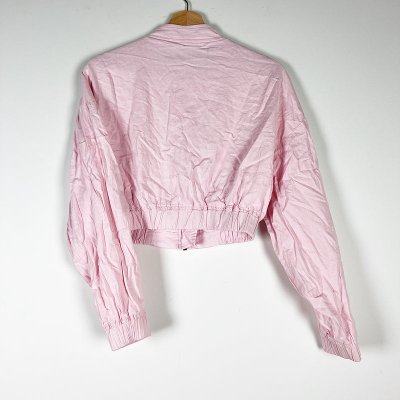 Zara Linen Stretch Blend Full Zip Collarless Cropped Lightweight Jacket Pink S