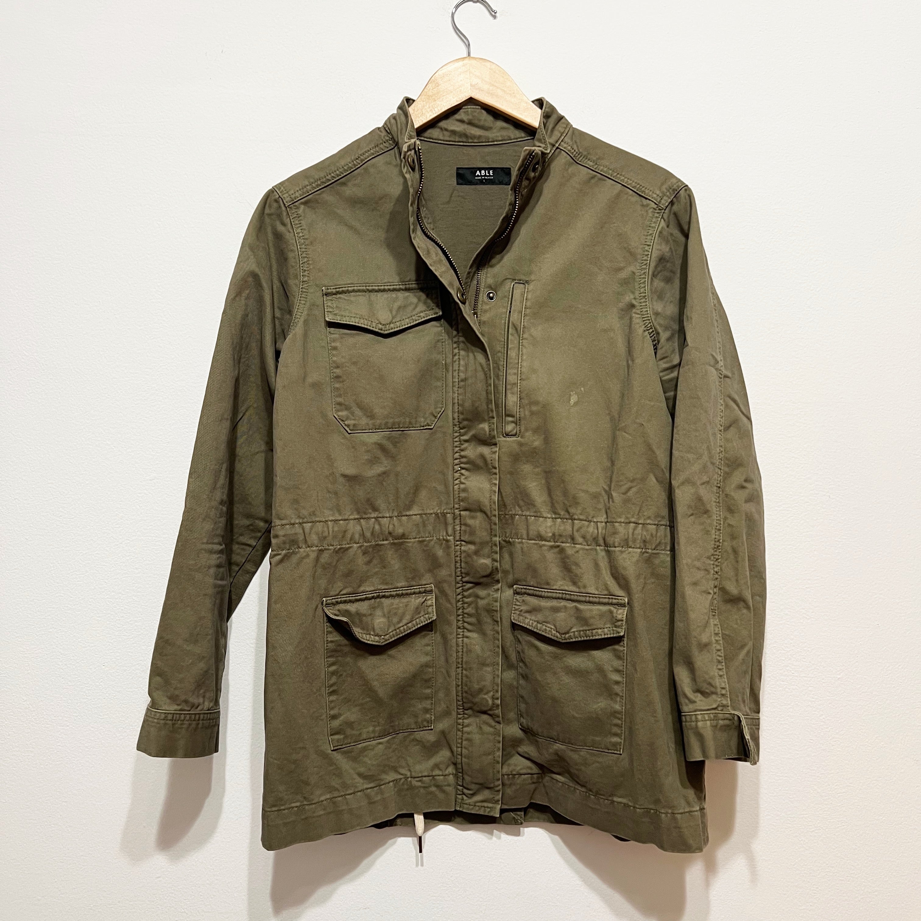 Able Women's Franklin Cotton Multi Cargo Pocket Utility Army Green Jacket Large