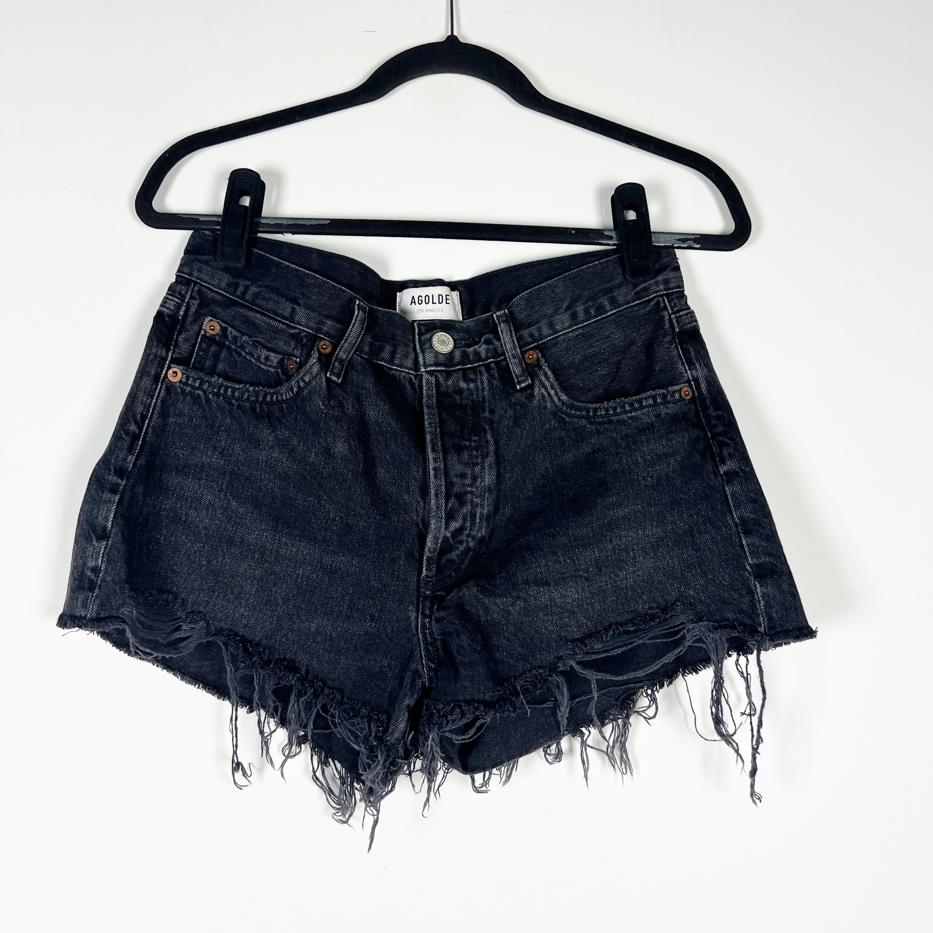 Agolde Women's Parker Cotton Denim High Waisted Raw Edge Hem Jean Shorts Black