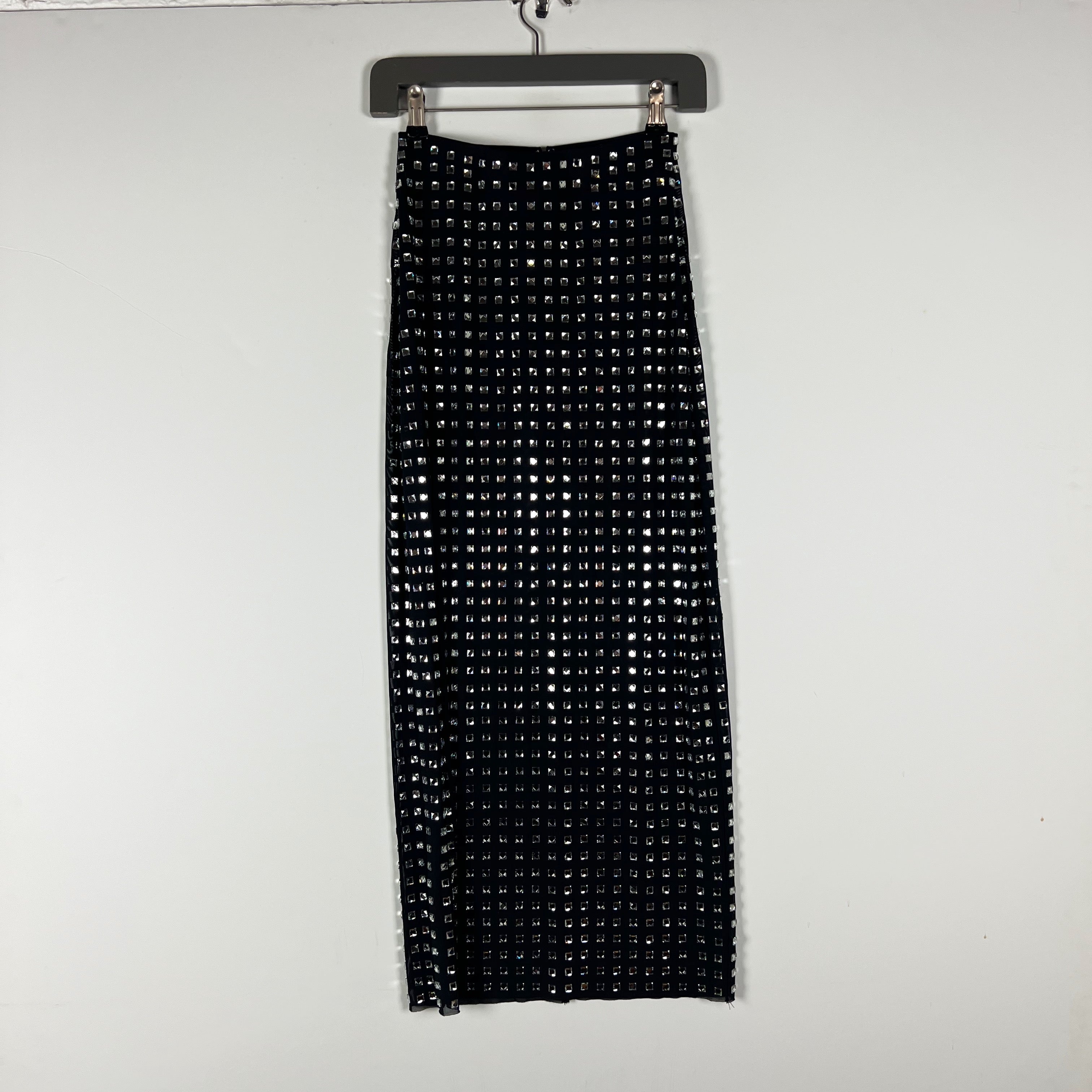 NBD Zenni Rhinestone Crystal Jewel Diamond Mesh Pull On Straight Skirt Black XXS