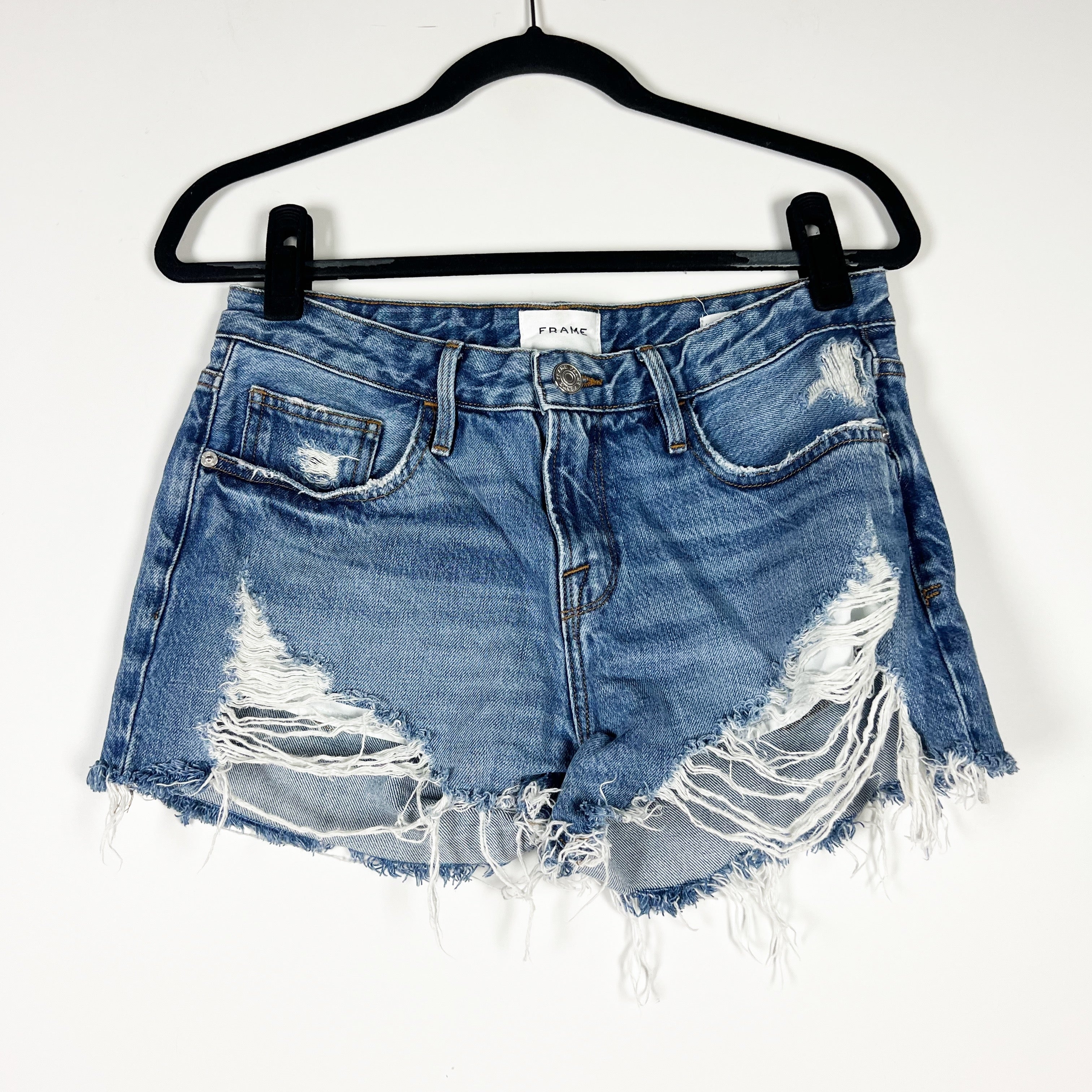 Frame Women's Le Grand Garcon Cotton Denim Patina Rips Jean Shorts 26