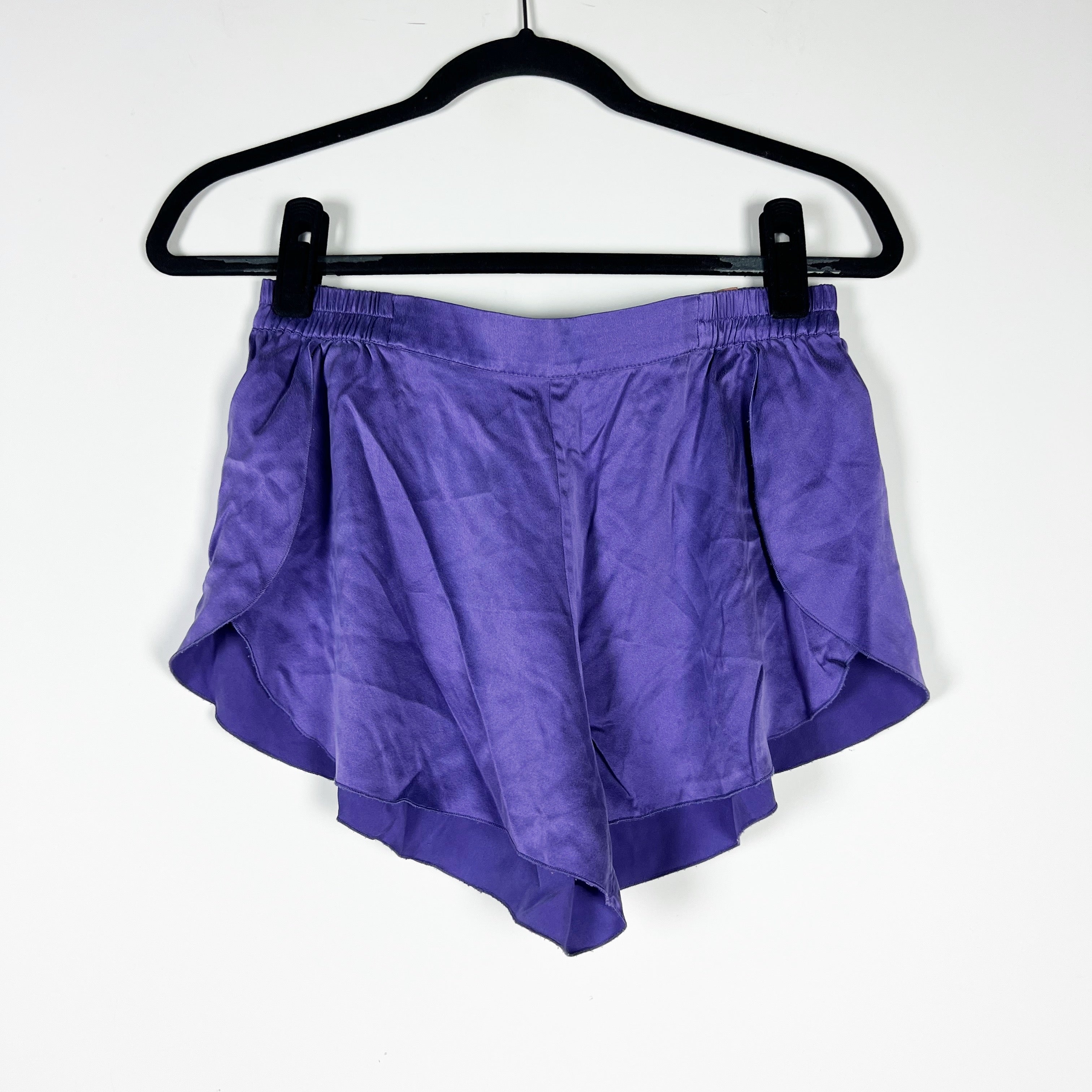 Lunya Washable Silk Satin Tulip Ruffle Overlay Mini Lounge Pajama Shorts Purple