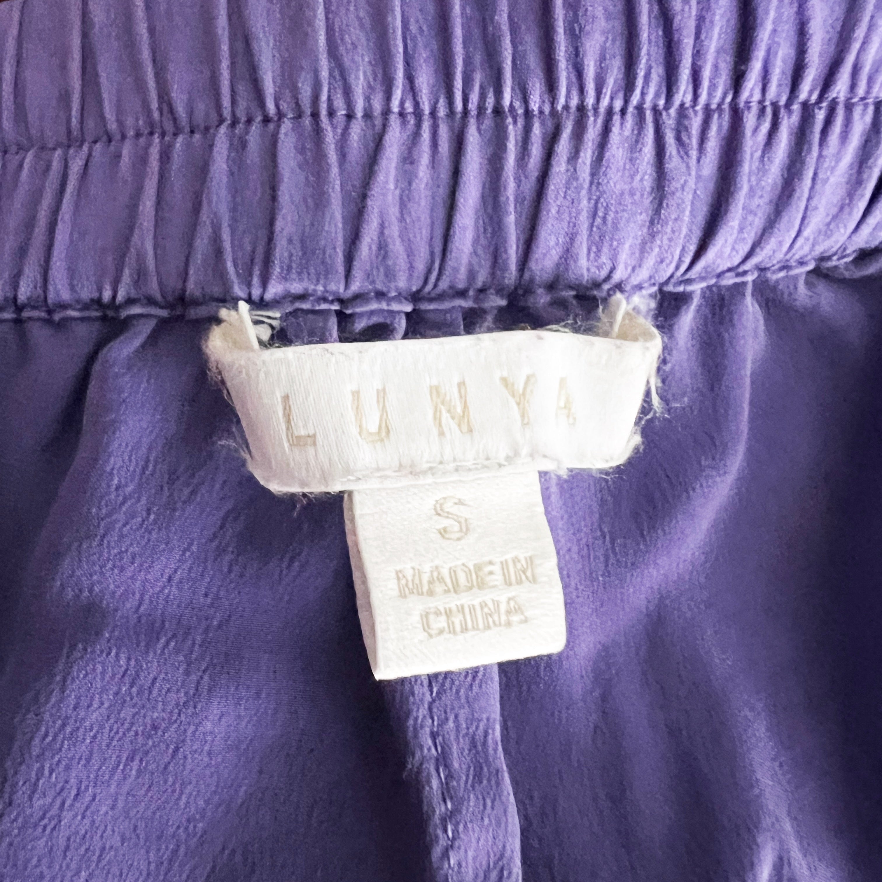 Lunya Washable Silk Satin Tulip Ruffle Overlay Mini Lounge Pajama Shorts Purple