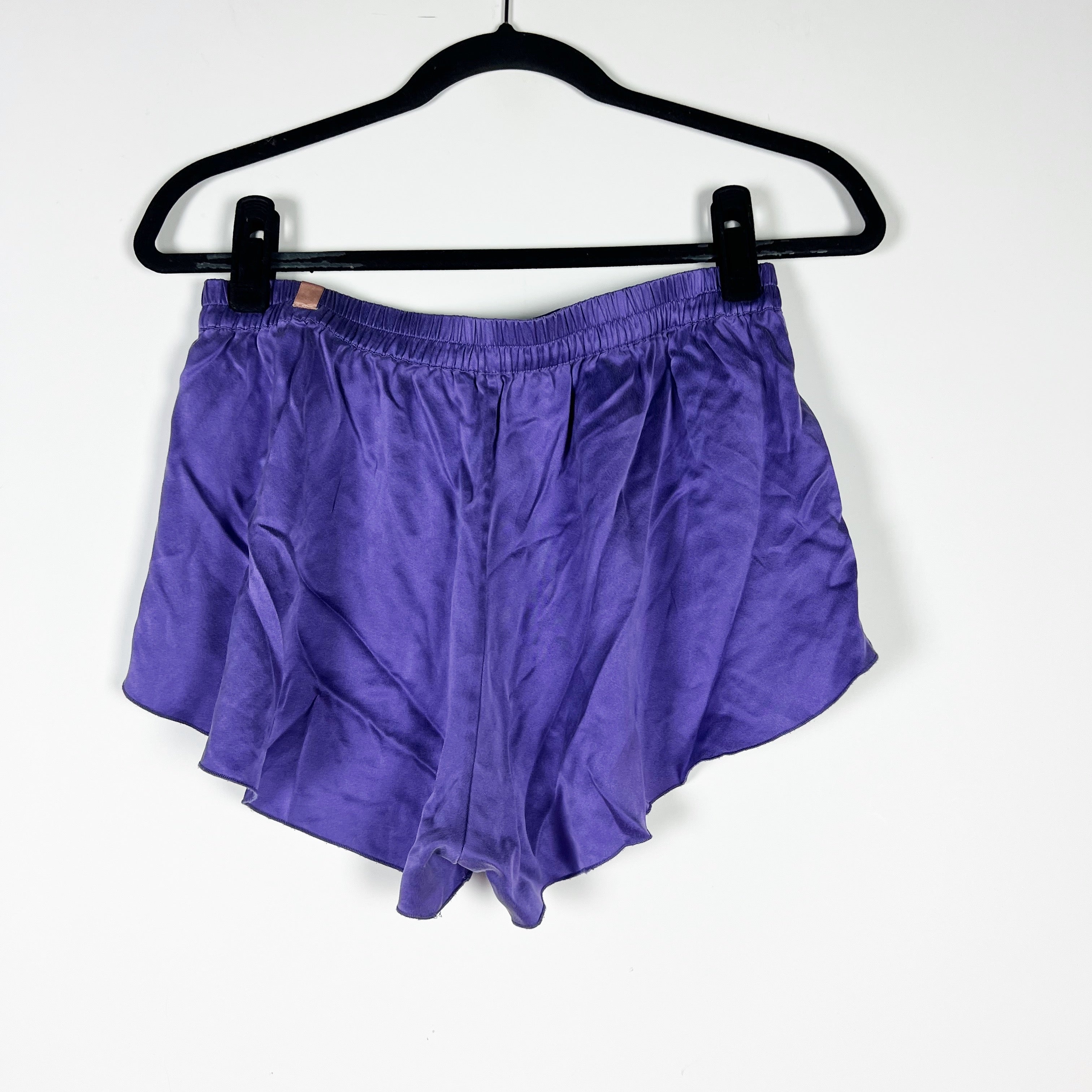 Lunya Washable Silk Satin Tulip Ruffle Overlay Mini Lounge Pajama Shorts Purple