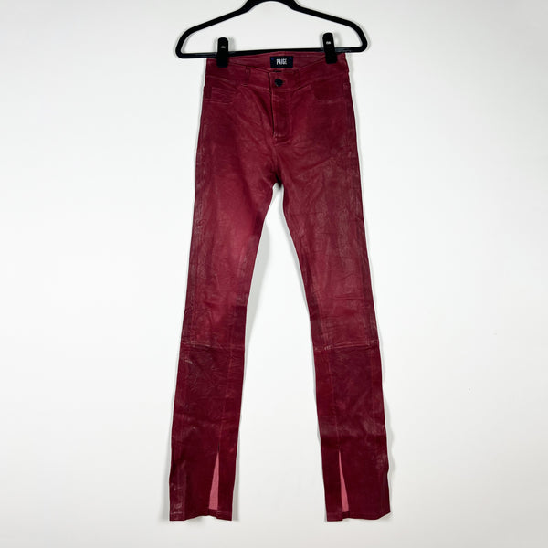 NEW Paige Constance Leather Skinny Split Hem Mid Rise Pants Rumba Red 25