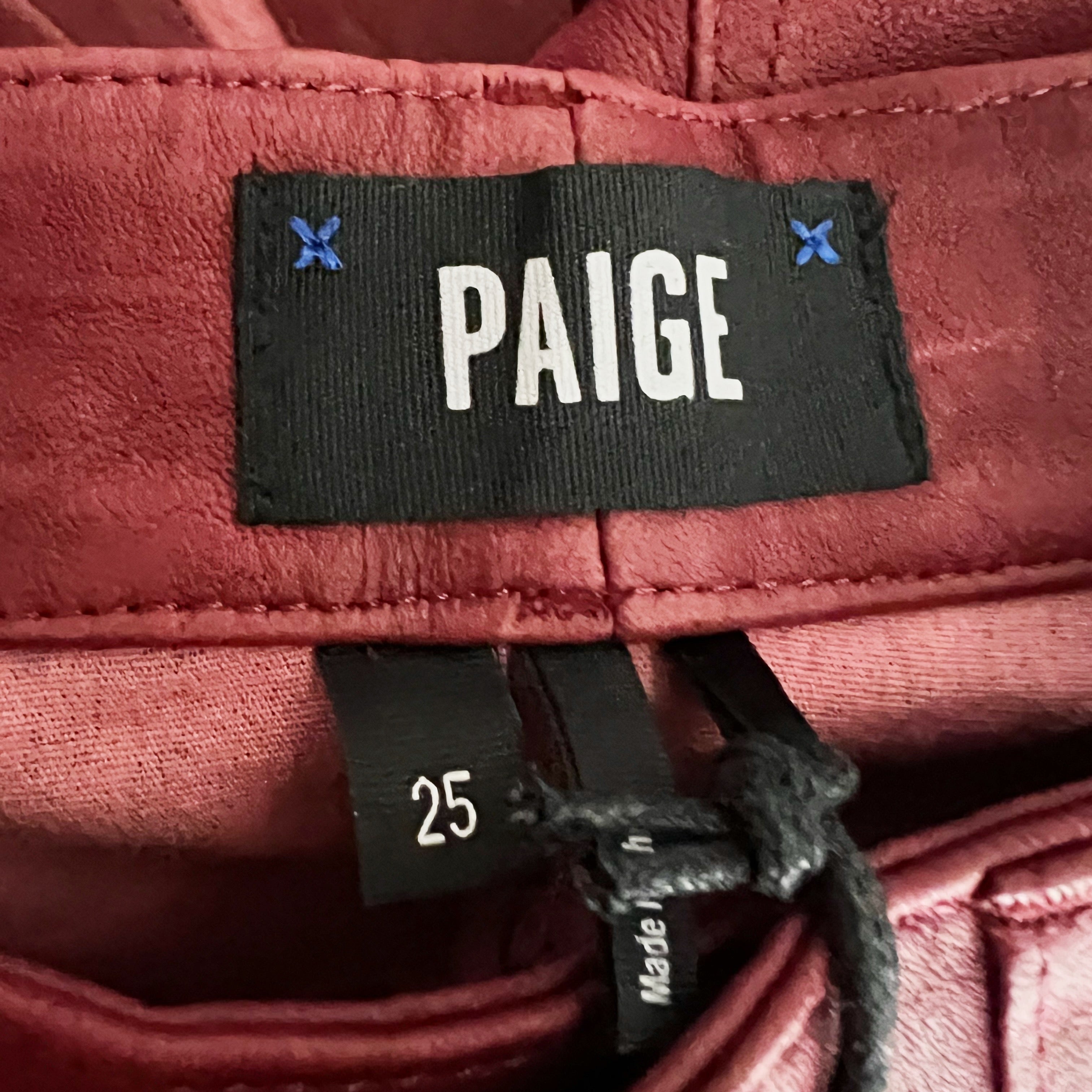 NEW Paige Constance Leather Skinny Split Hem Mid Rise Pants Rumba Red 25