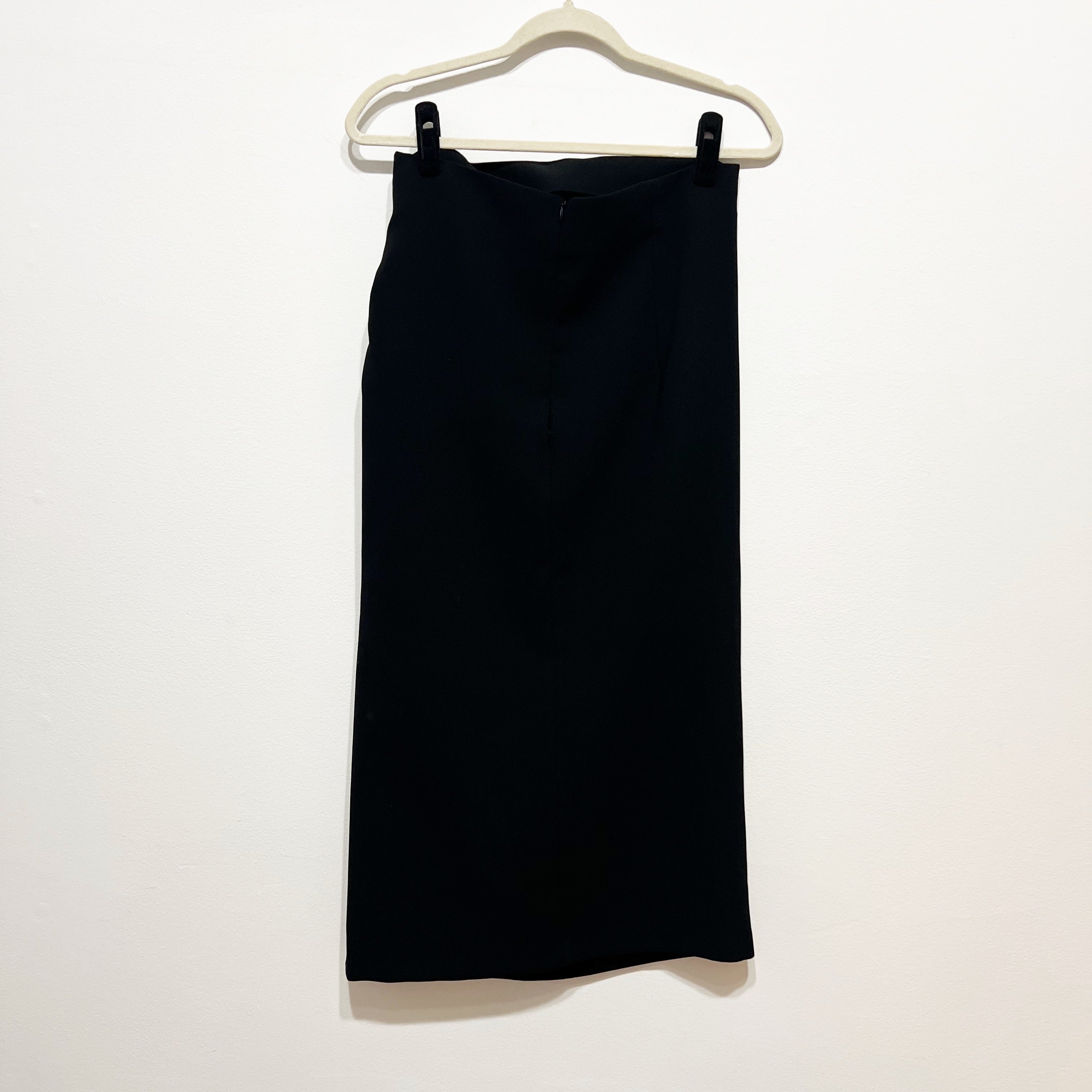 Zara Crepe Ruched Shirred Side Slit Straight Line Midi Skirt Solid Black Large