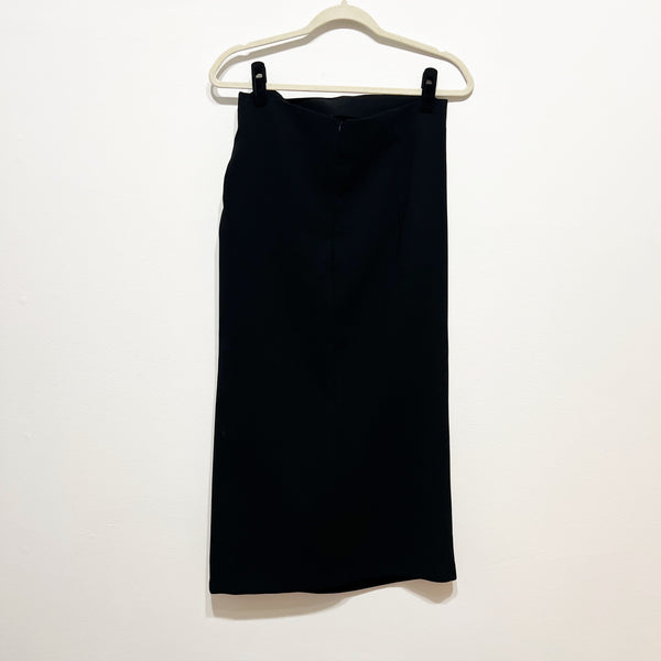 Zara Crepe Ruched Shirred Side Slit Straight Line Midi Skirt Solid Black Large