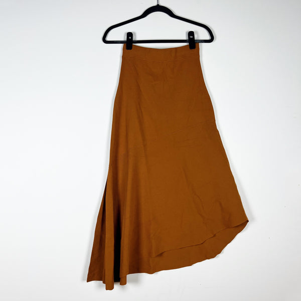 A.L.C. Midweight Knit Stretch Midrise Asymmetrical Hem Sweater Midi Skirt Brown