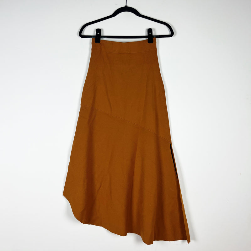 A.L.C. Midweight Knit Stretch Midrise Asymmetrical Hem Sweater Midi Skirt Brown