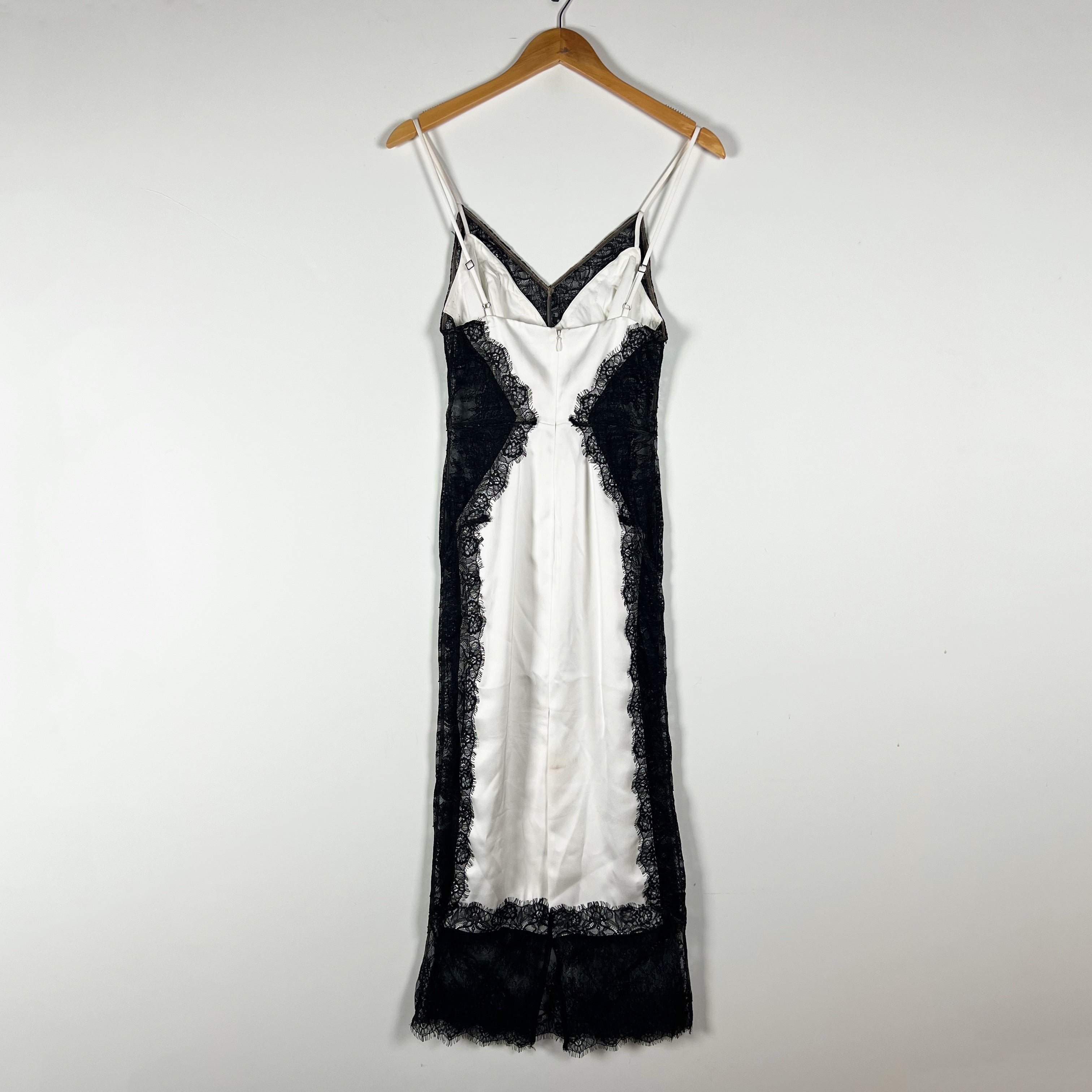 NBD Lilia White Satin Black Lace Cut Out Midi Pullover Slip Dress XS