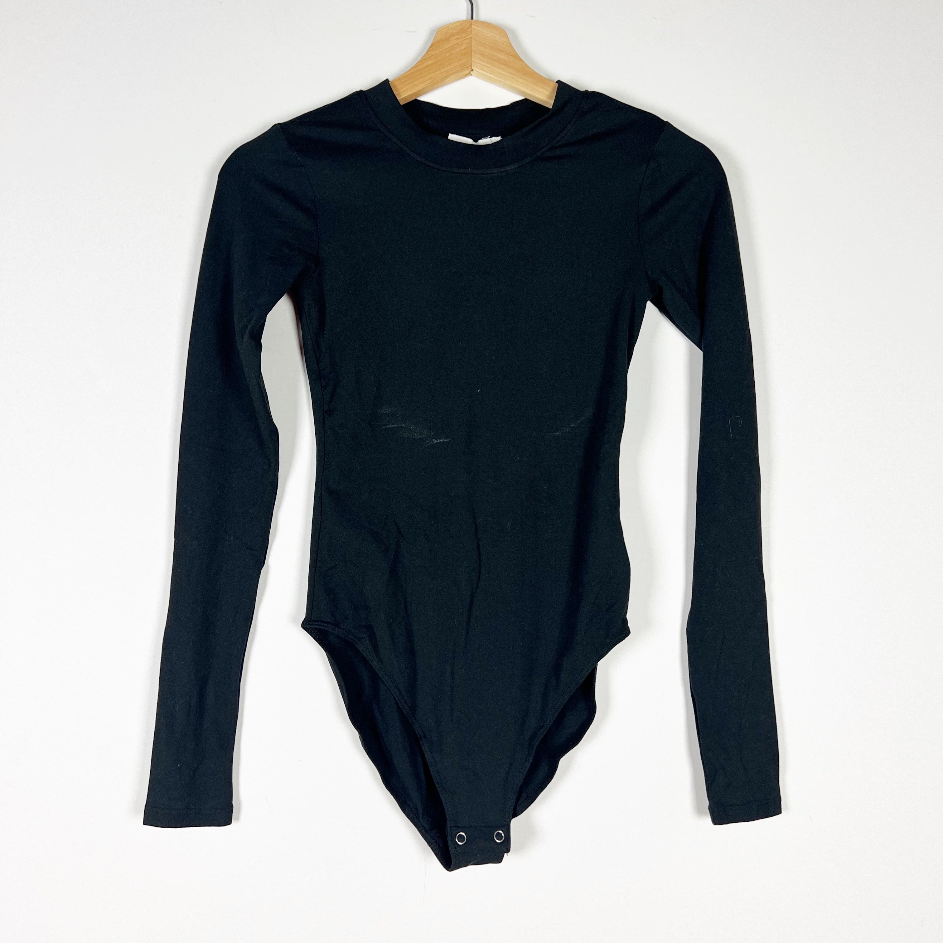 NEW Good American Stretch Knit Crew Neck Long sleeve One Piece Bodysuit Black 0