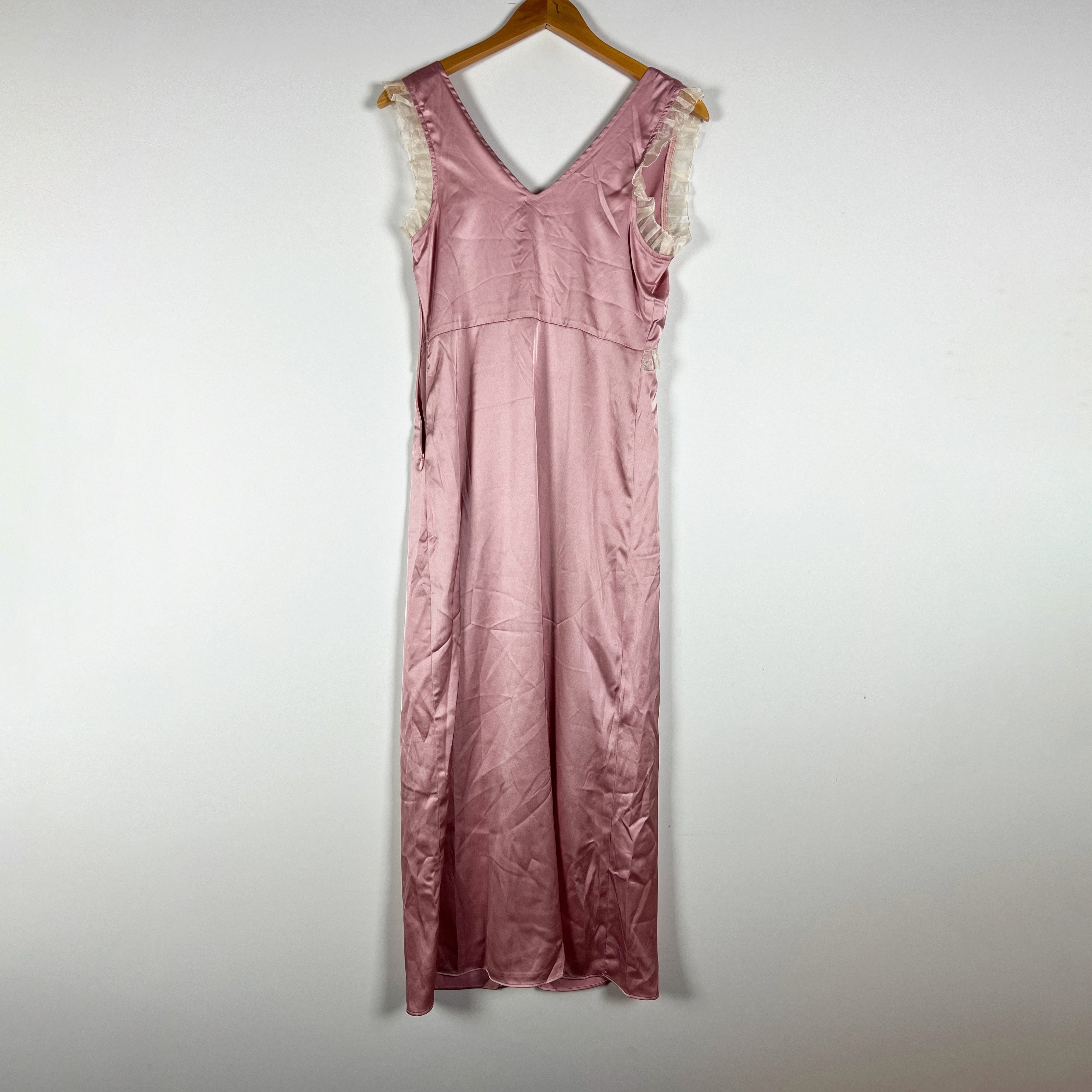 NEW Heartloom Arlington Ruffle Trim V Neck Pullover Satin Slip Midi Dress Blush