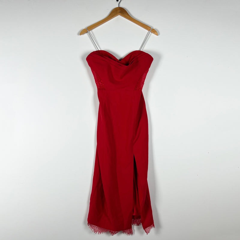 NEW Marchesa Notte Draped Bodice Crepe Sweetheart Neckline Lace Panel Dress Red