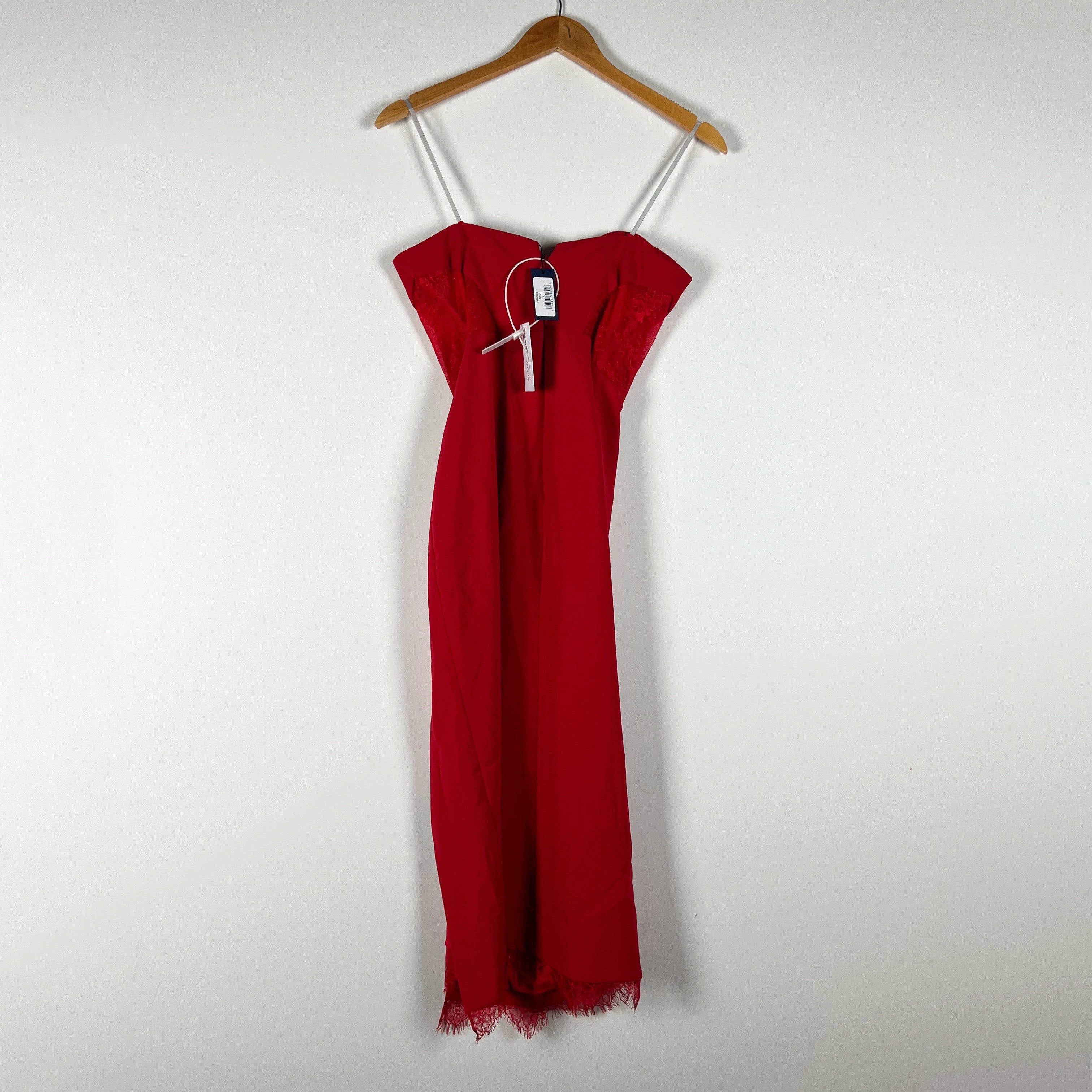 NEW Marchesa Notte Draped Bodice Crepe Sweetheart Neckline Lace Panel Dress Red