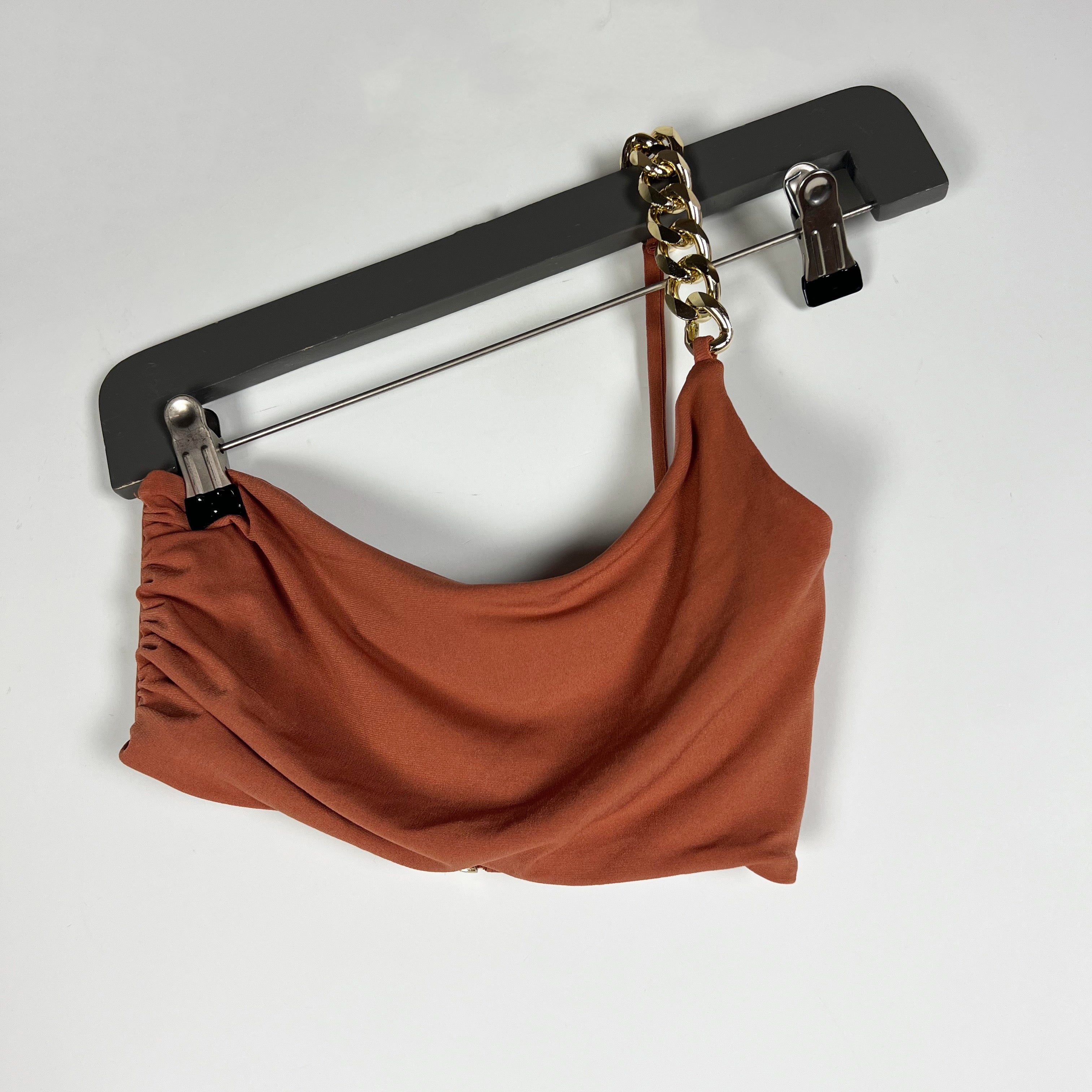 Nookie Alyssa Chain Link Strap One Shoulder Crop Tank Top Brown Gold Small