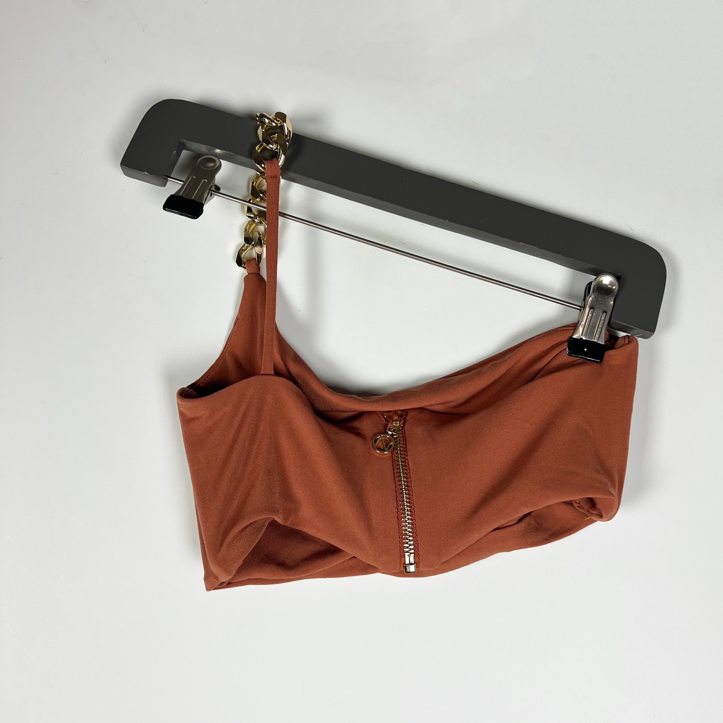 Nookie Alyssa Chain Link Strap One Shoulder Crop Tank Top Brown Gold Small