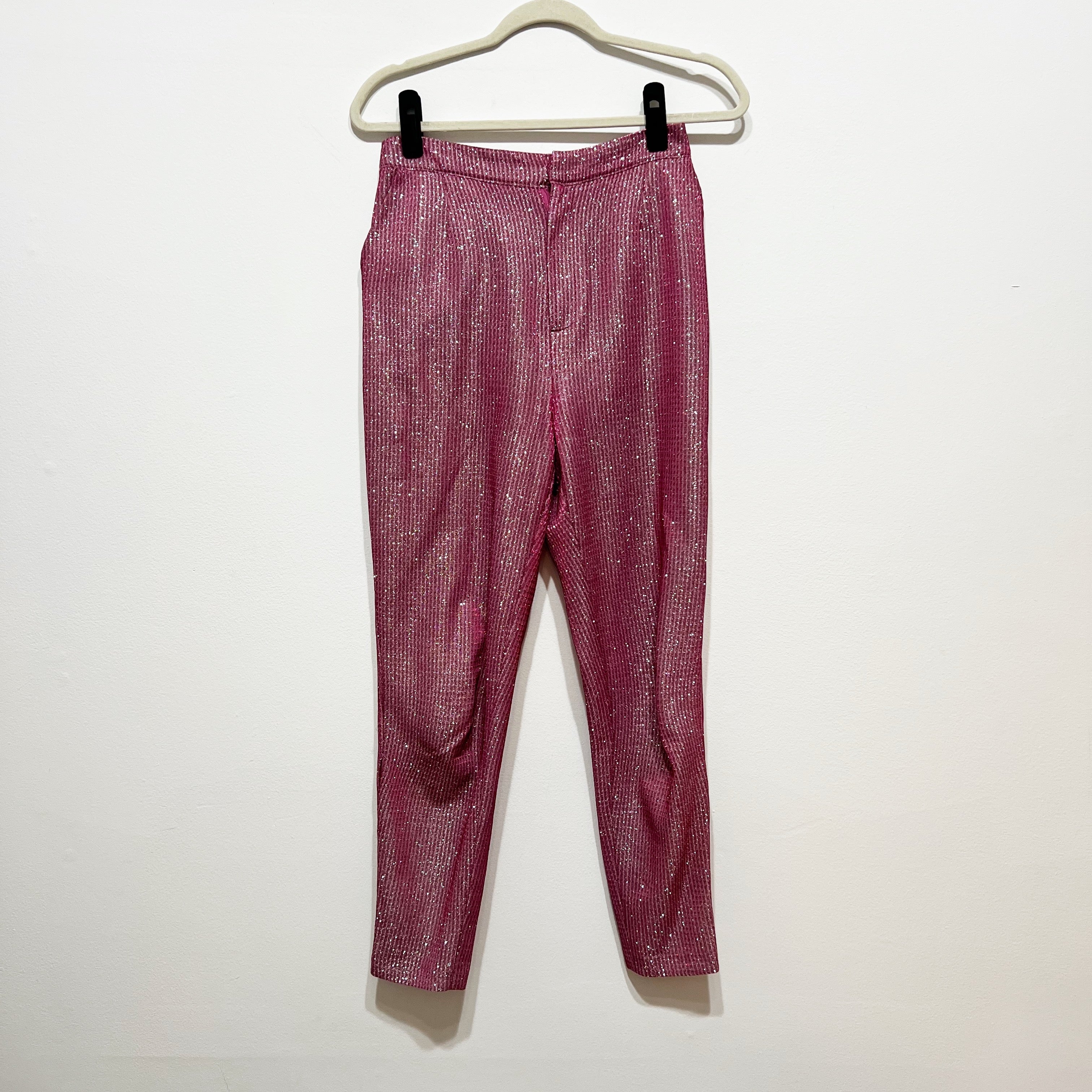 Akira Women's Mid Rise Ankle Crop Pink Glitter Sparkle Embellished Pants Small