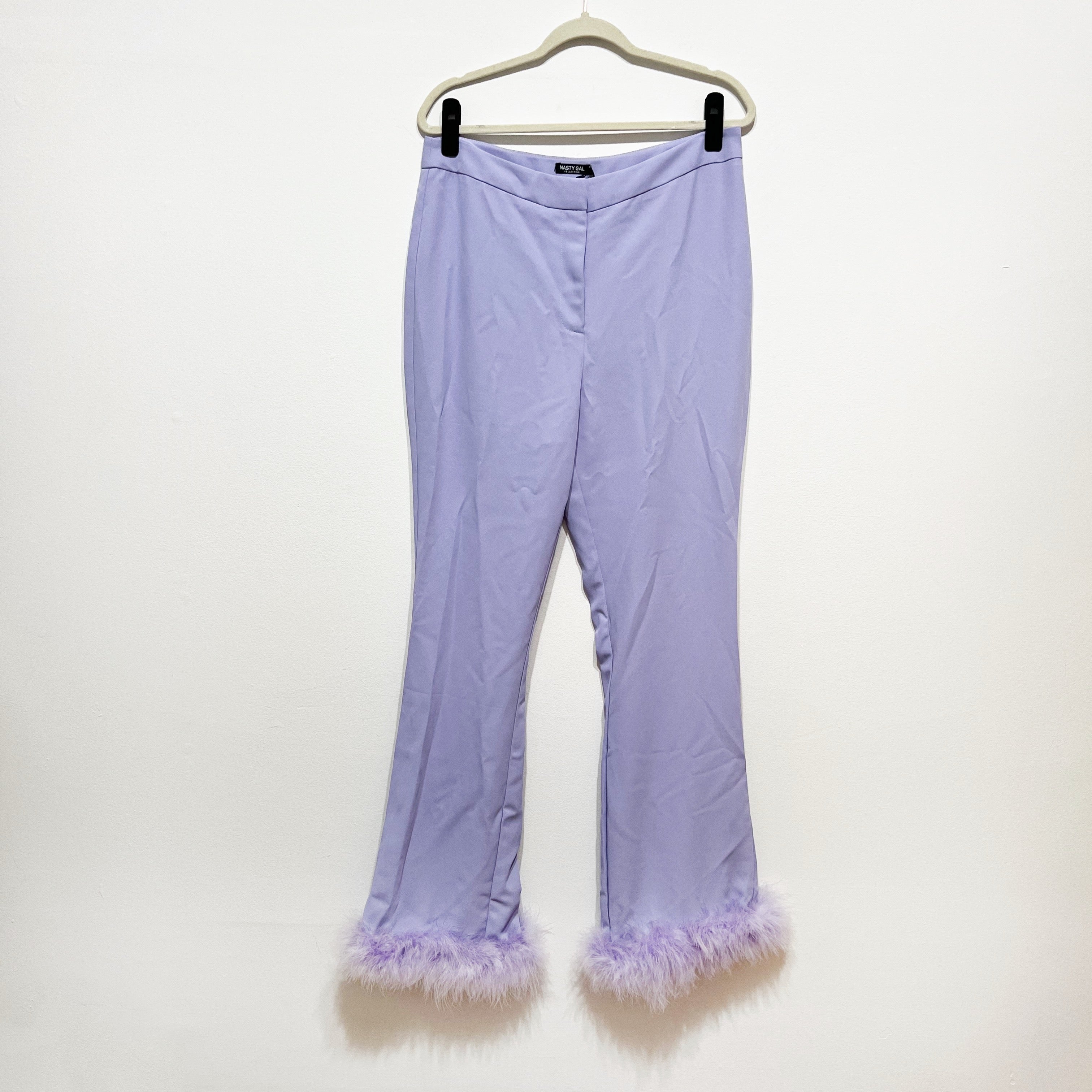 NEW Nasty Gal Feather Hem Flared Kick Party Trouser Pants Purple Lilac 10