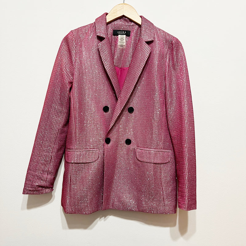Akira Women's Pink Glitter Sparkle Embellished Double Breasted Blazer Jacket M
