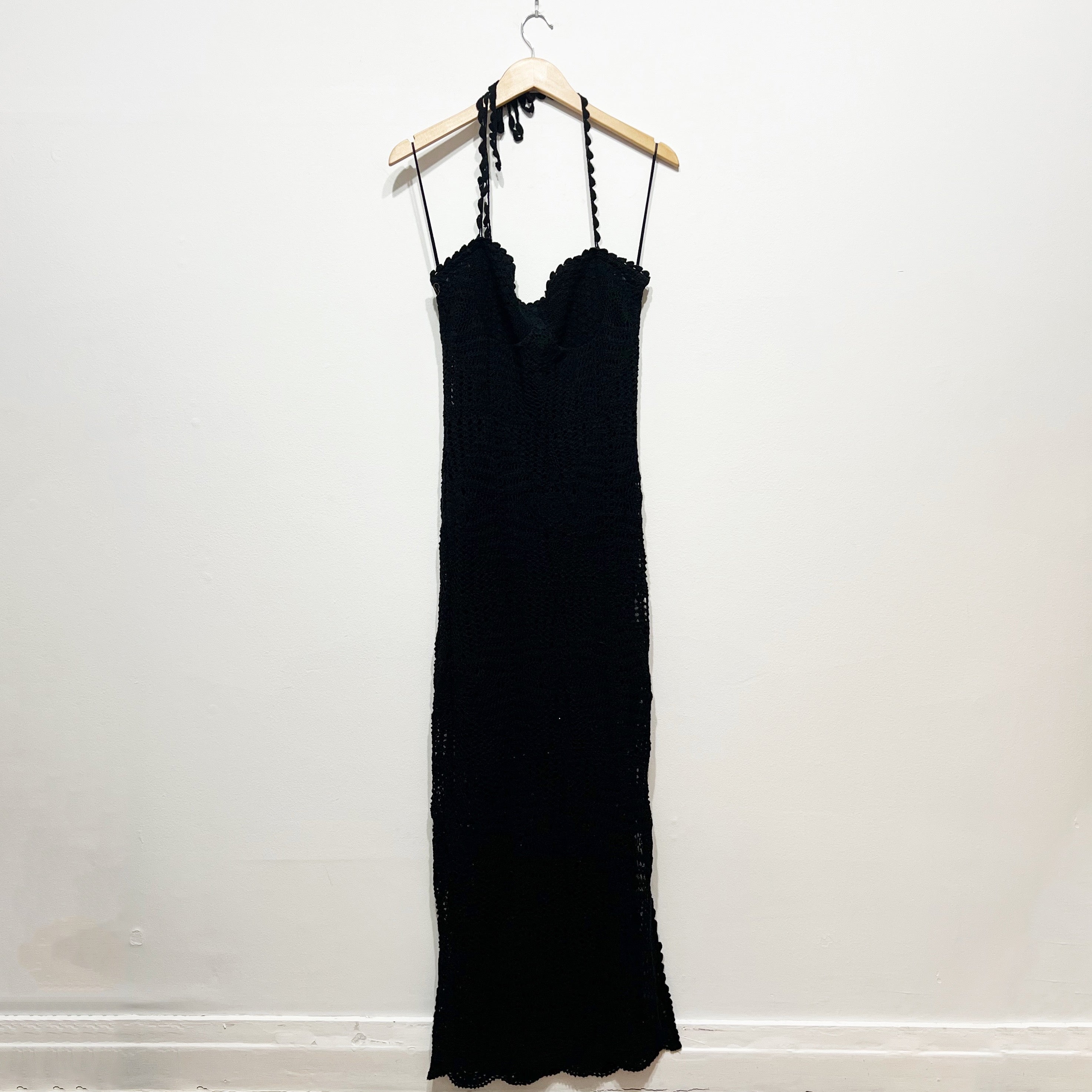 NEW Free People Dahlia Cotton Crochet Knit Halter Neck Midi Dress Black Large